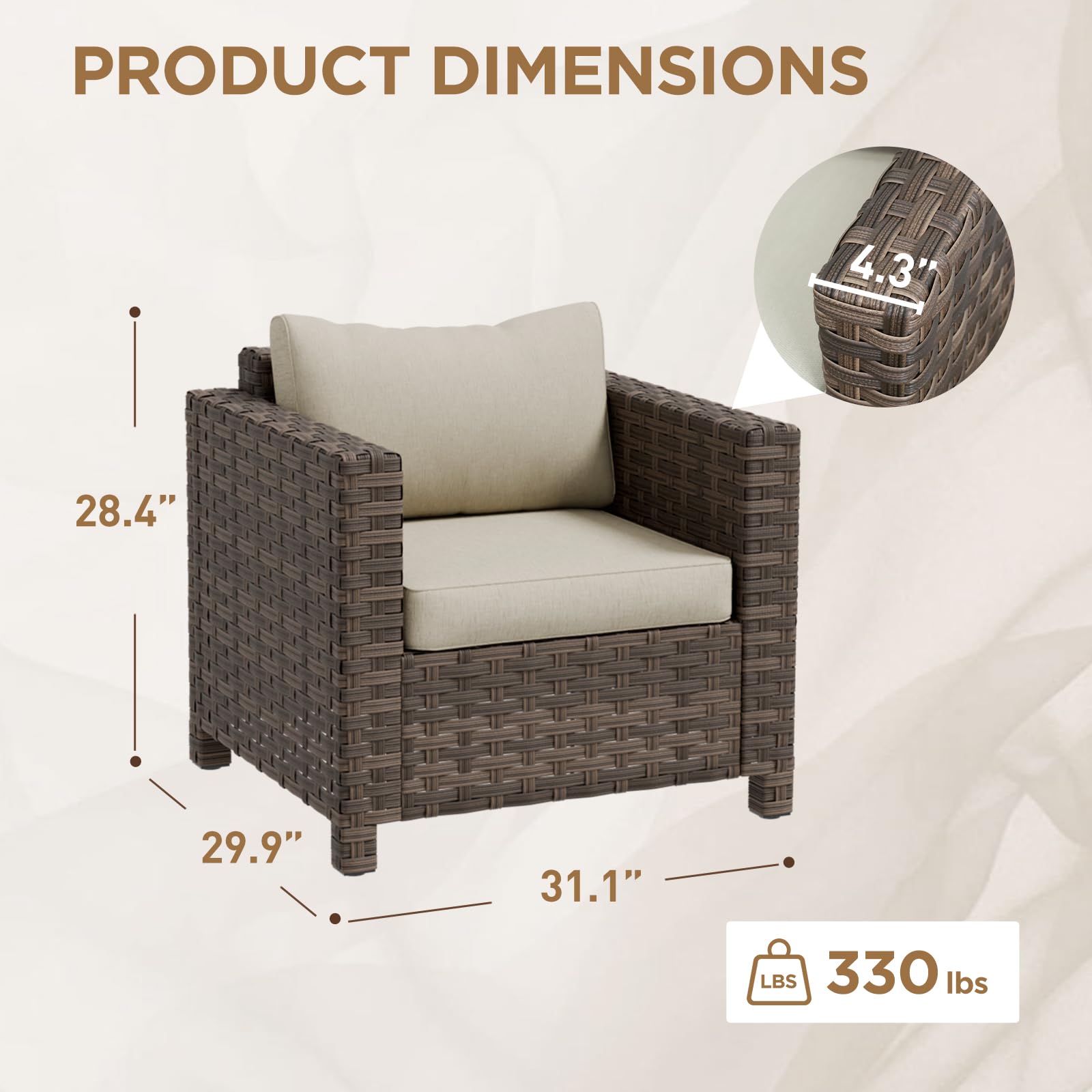 COOS BAY Lanai Chic Outdoor Chair, Deep Seating Patio Chair, Modern Outdoor Armchair, 1 Piece, Brown/Beige - Image 3