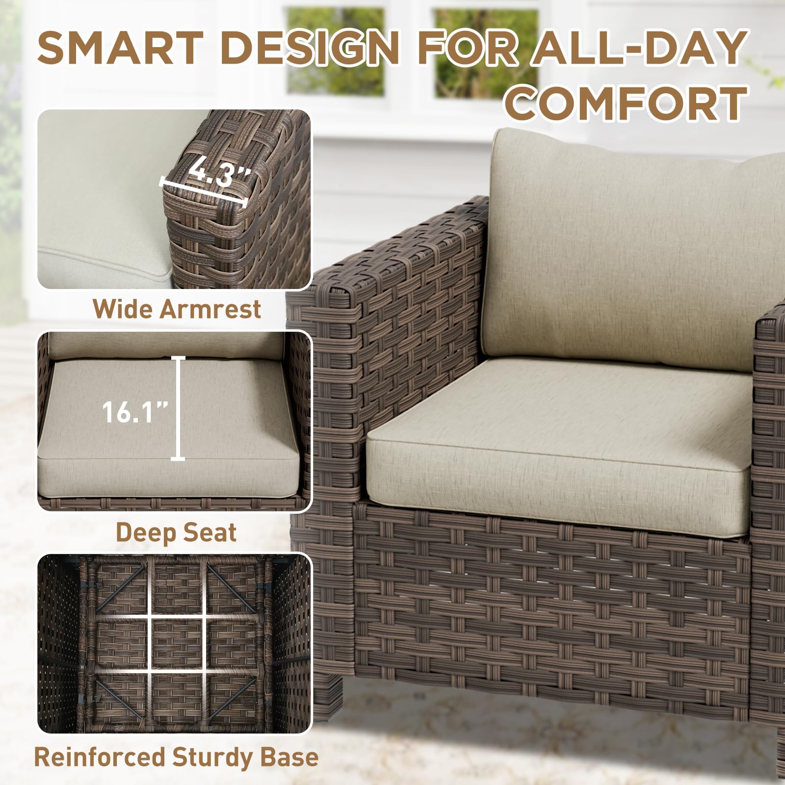 COOS BAY Lanai Chic 3 Piece Outdoor Bistro Set, Small Patio Conversation Set, Outdoor Patio Furniture, 2 Patio Chairs and Side Table, Brown/Beige - Image 7