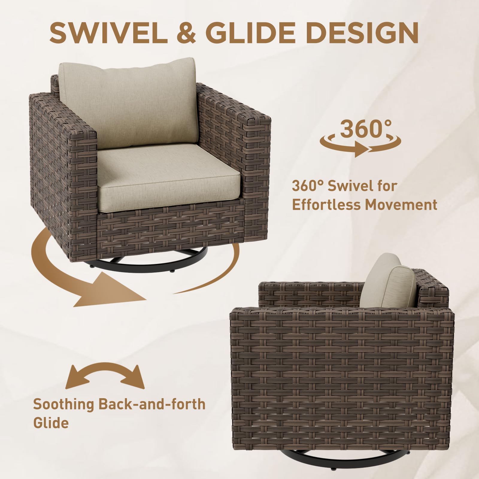 COOS BAY Lanai Chic Outdoor Swivel Rocking Chair, Patio Rocking Chair Set of 1, Deep Seat Patio Chair, Brown/Beige - Image 4
