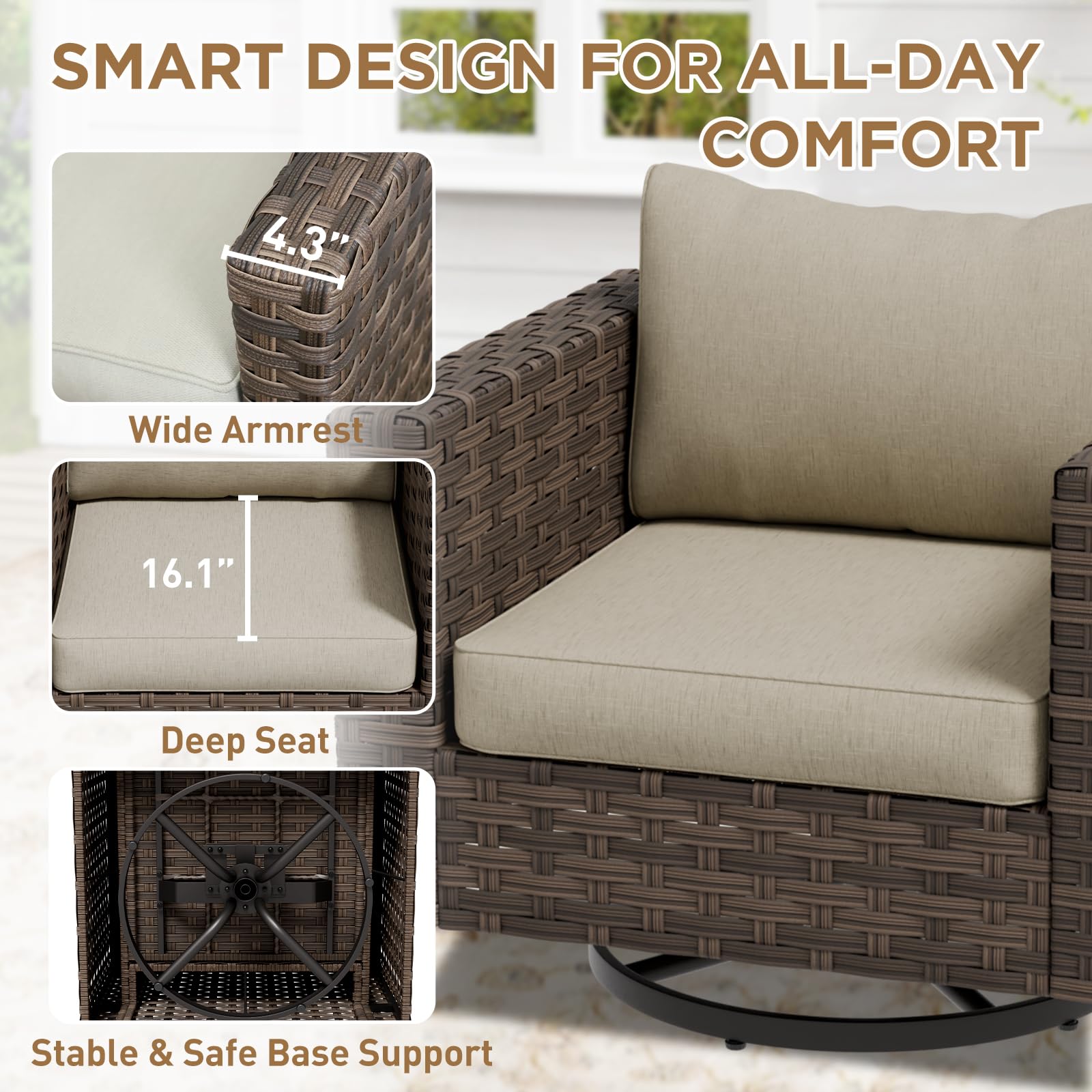 COOS BAY Lanai Chic Outdoor Swivel Rocking Chair, Patio Rocking Chair Set of 1, Deep Seat Patio Chair, Brown/Beige - Image 7