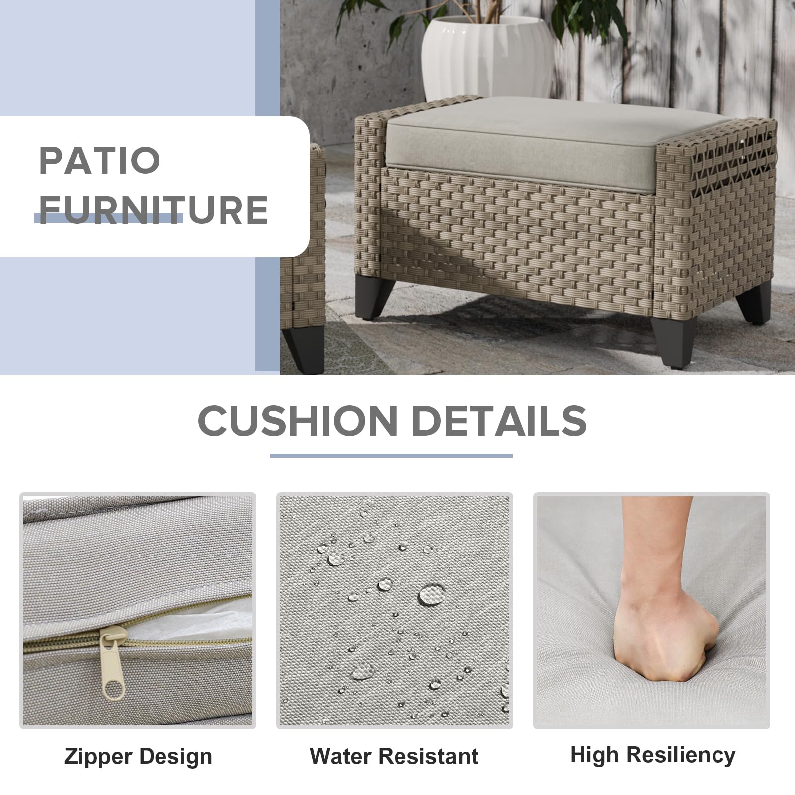 COOS BAY Modern 2 Piece Wicker Outdoor Ottomans, Patio Ottoman Foot Rest Set for Couch with Removable Cushions, 29.1" W x 18.1" D x 17.3" H, Brown/Gray - Image 3