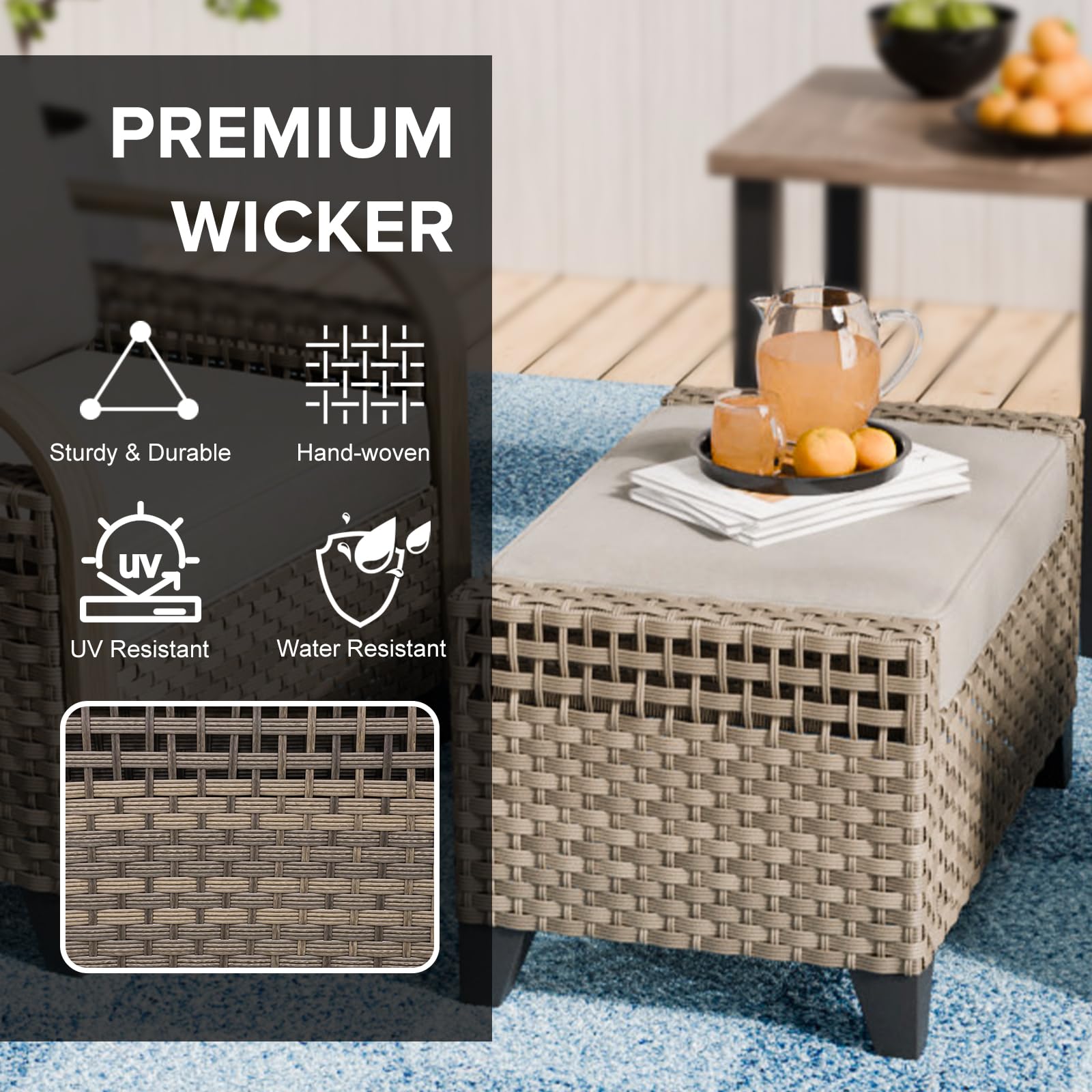 COOS BAY Modern 2 Piece Wicker Outdoor Ottomans, Patio Ottoman Foot Rest Set for Couch with Removable Cushions, 29.1" W x 18.1" D x 17.3" H, Brown/Gray - Image 4