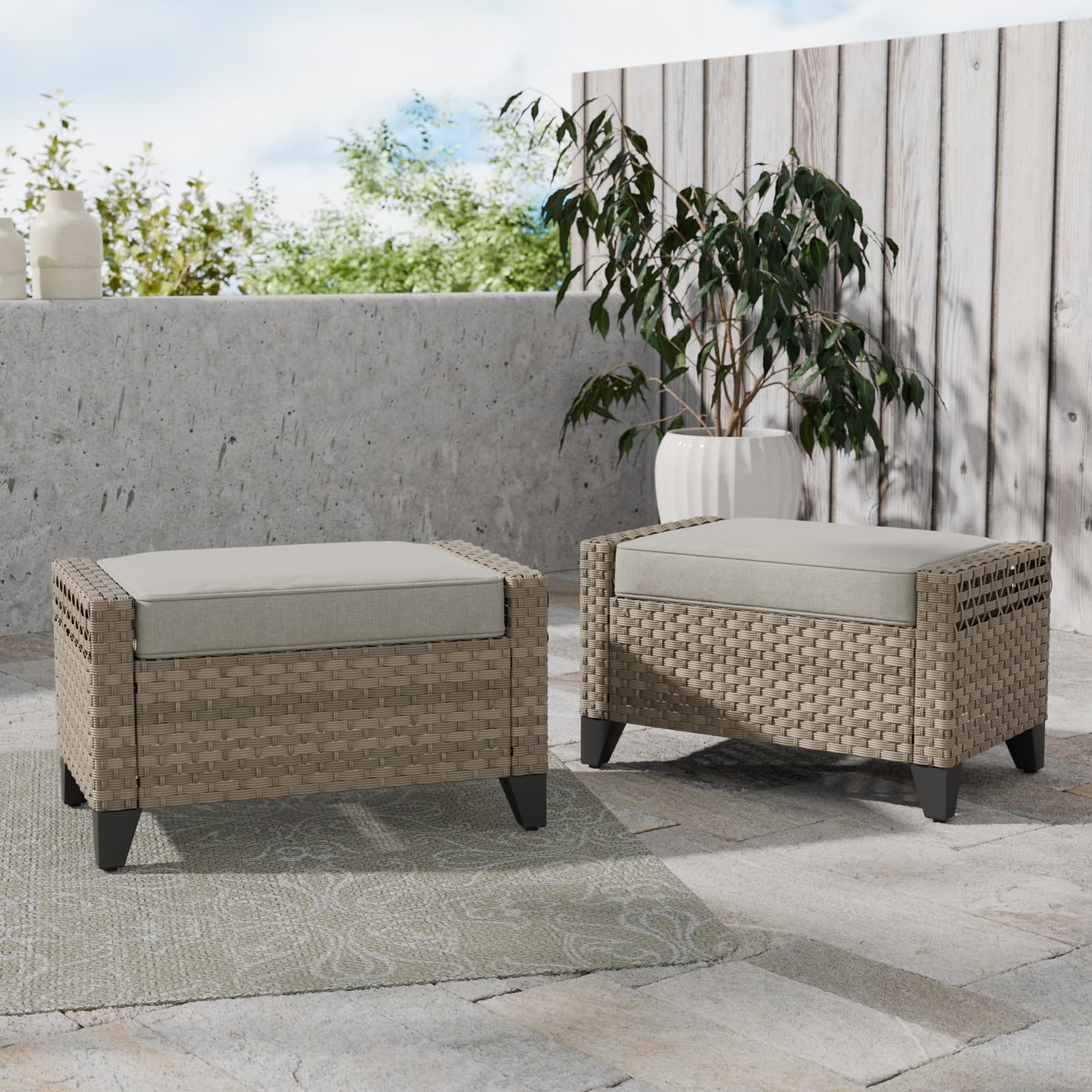 COOS BAY Modern 2 Piece Wicker Outdoor Ottomans, Patio Ottoman Foot Rest Set for Couch with Removable Cushions, 29.1" W x 18.1" D x 17.3" H, Brown/Gray - Image 5