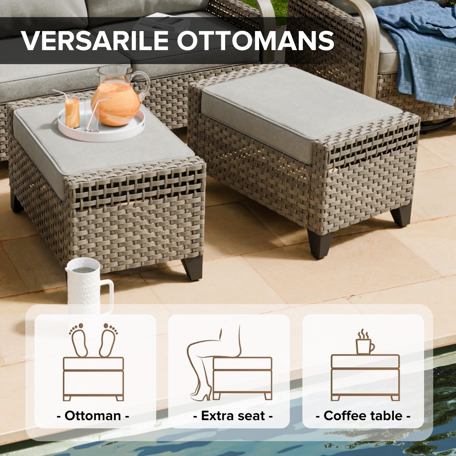 COOS BAY Modern 2 Piece Wicker Outdoor Ottomans, Patio Ottoman Foot Rest Set for Couch with Removable Cushions, 29.1" W x 18.1" D x 17.3" H, Brown/Gray - Image 7