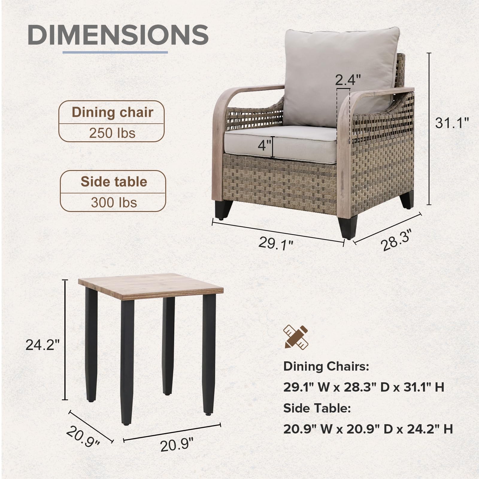 COOS BAY Modern Outdoor Bistro Set, 3 Piece Patio Wicker Table and Chairs Set with Patio Chairs & Side Table, 250 lbs Capacity per Chair, 3 Pieces, Brown/Gray - Image 5