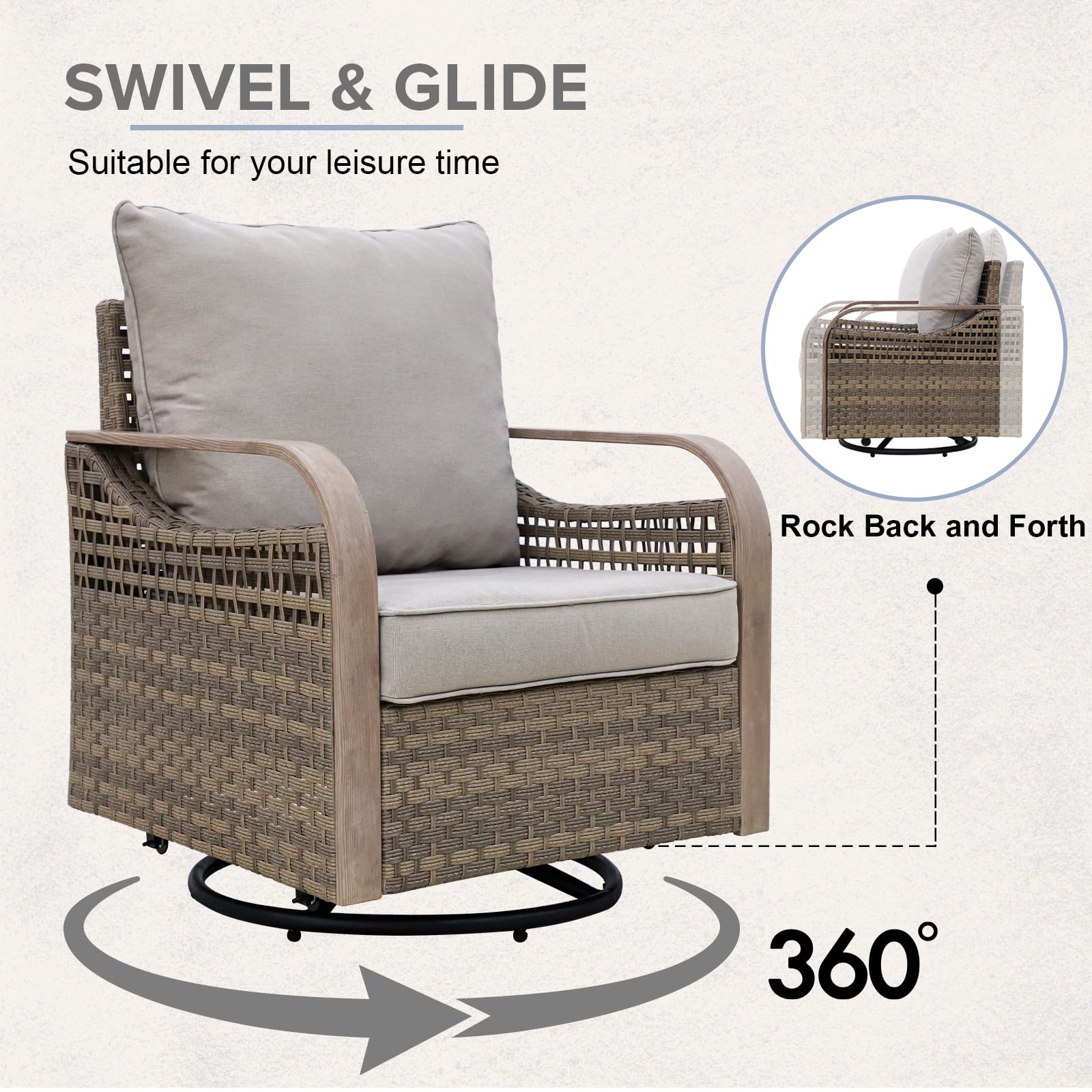 COOS BAY Modern Outdoor Swivel Rocker Chair, Wicker Glider Rocking Chair with Cushions, 360° Swivel Rattan Patio Seating, 1 Piece, Brown/Gray - Image 3