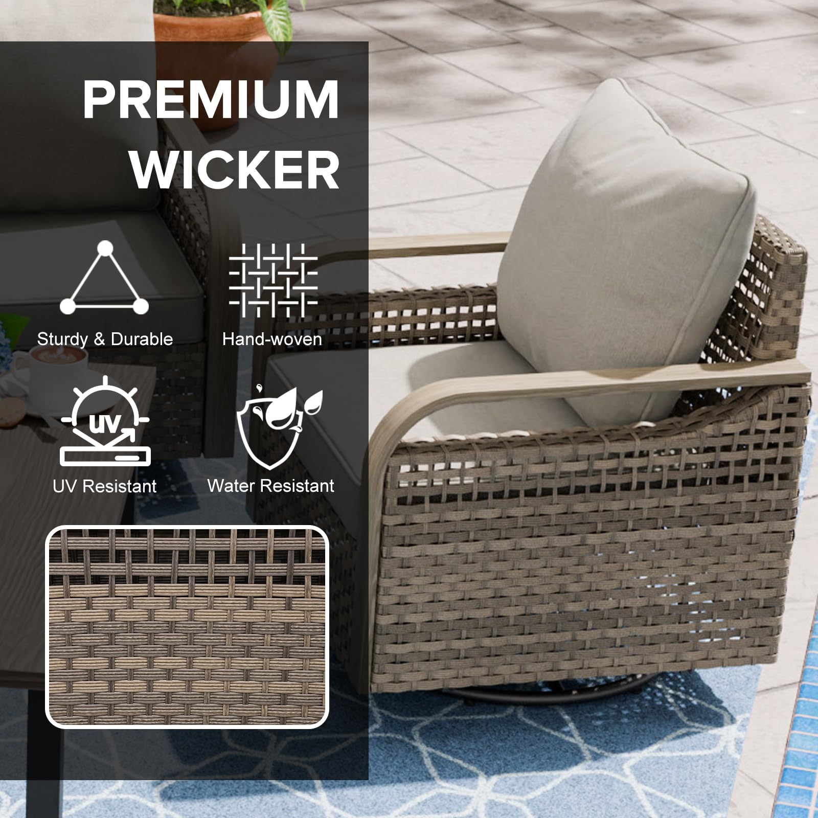 COOS BAY Modern Outdoor Swivel Rocker Chair, Wicker Glider Rocking Chair with Cushions, 360° Swivel Rattan Patio Seating, 1 Piece, Brown/Gray - Image 4