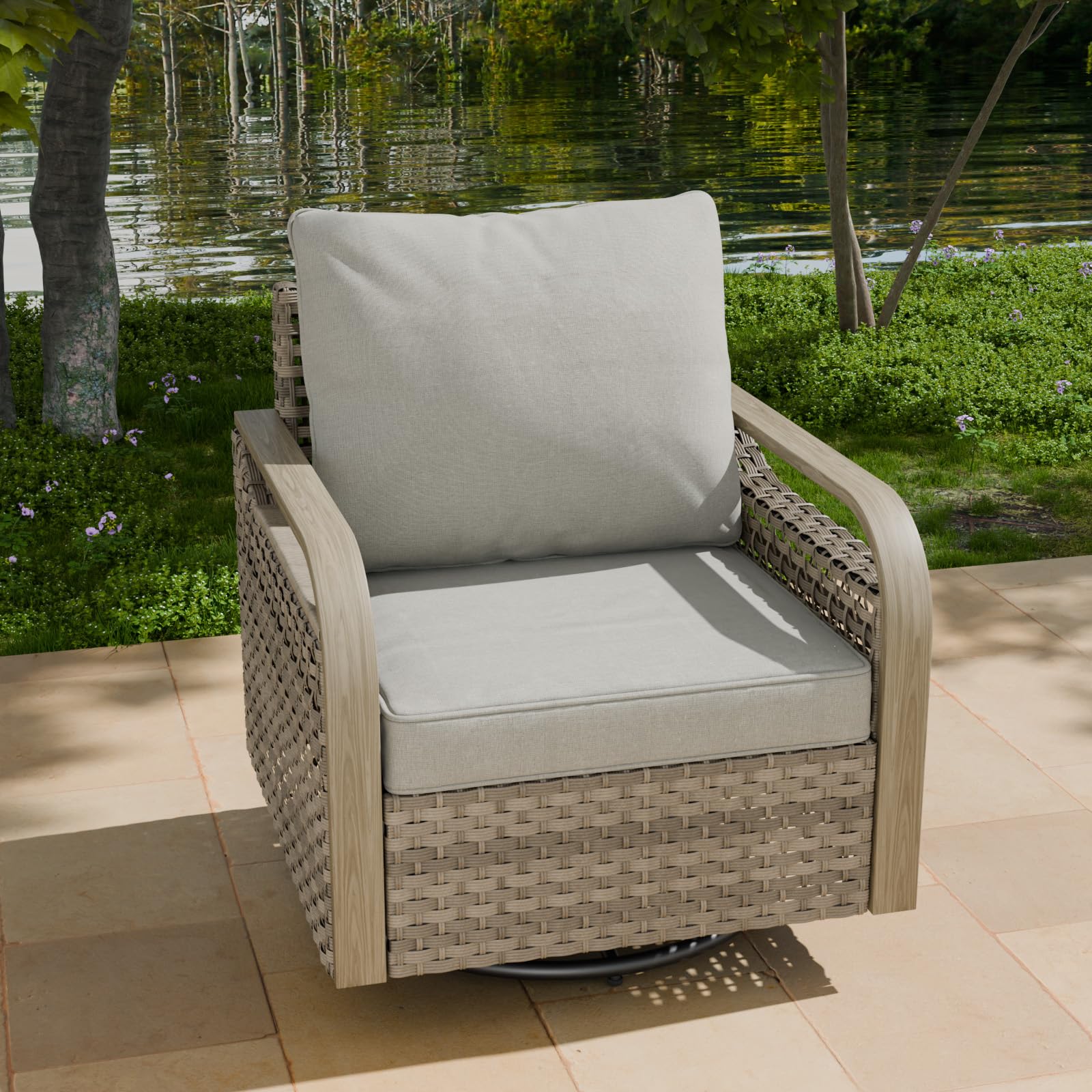 COOS BAY Modern Outdoor Swivel Rocker Chair, Wicker Glider Rocking Chair with Cushions, 360° Swivel Rattan Patio Seating, 1 Piece, Brown/Gray - Image 6