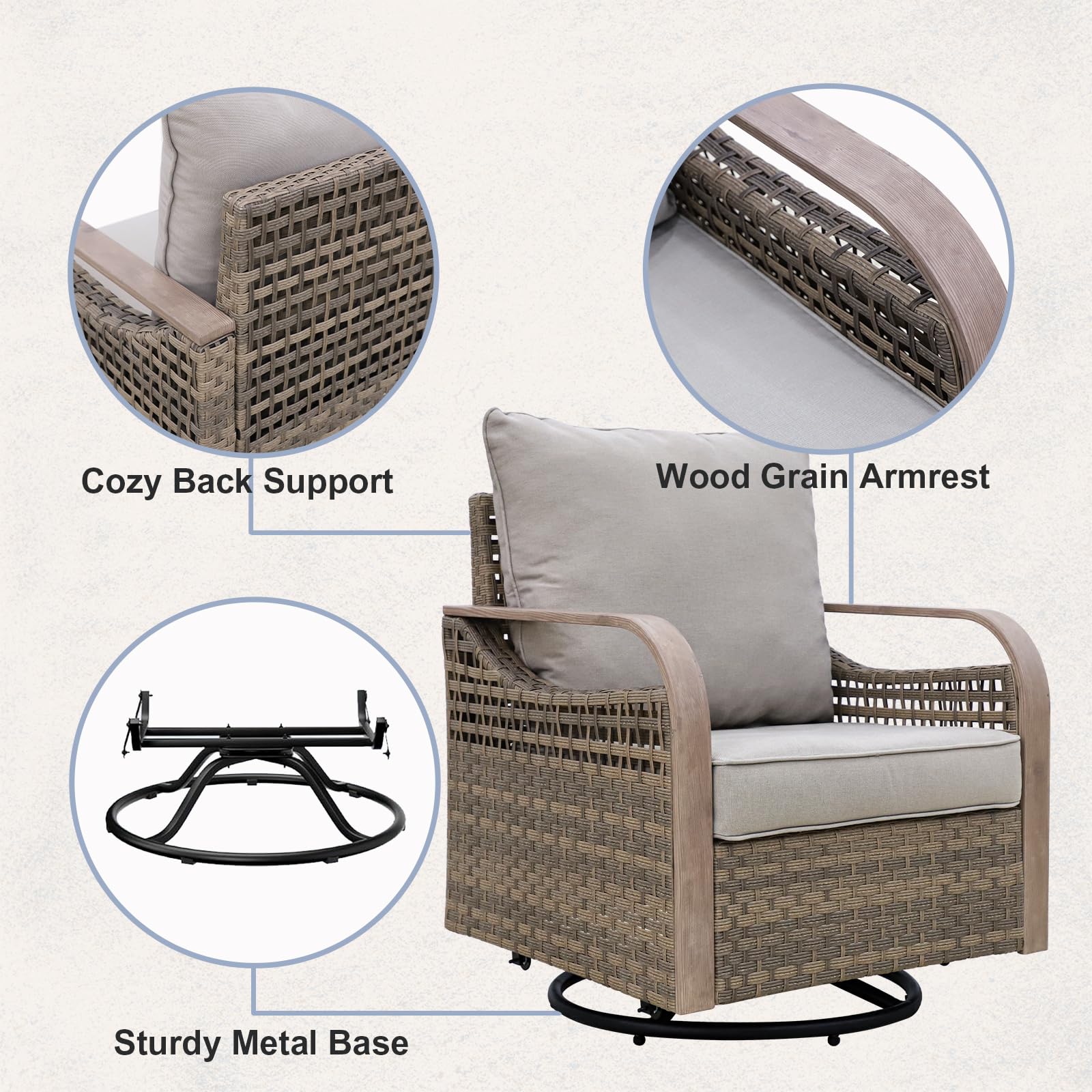 COOS BAY Modern Outdoor Swivel Rocker Chair, Wicker Glider Rocking Chair with Cushions, 360° Swivel Rattan Patio Seating, 1 Piece, Brown/Gray - Image 7