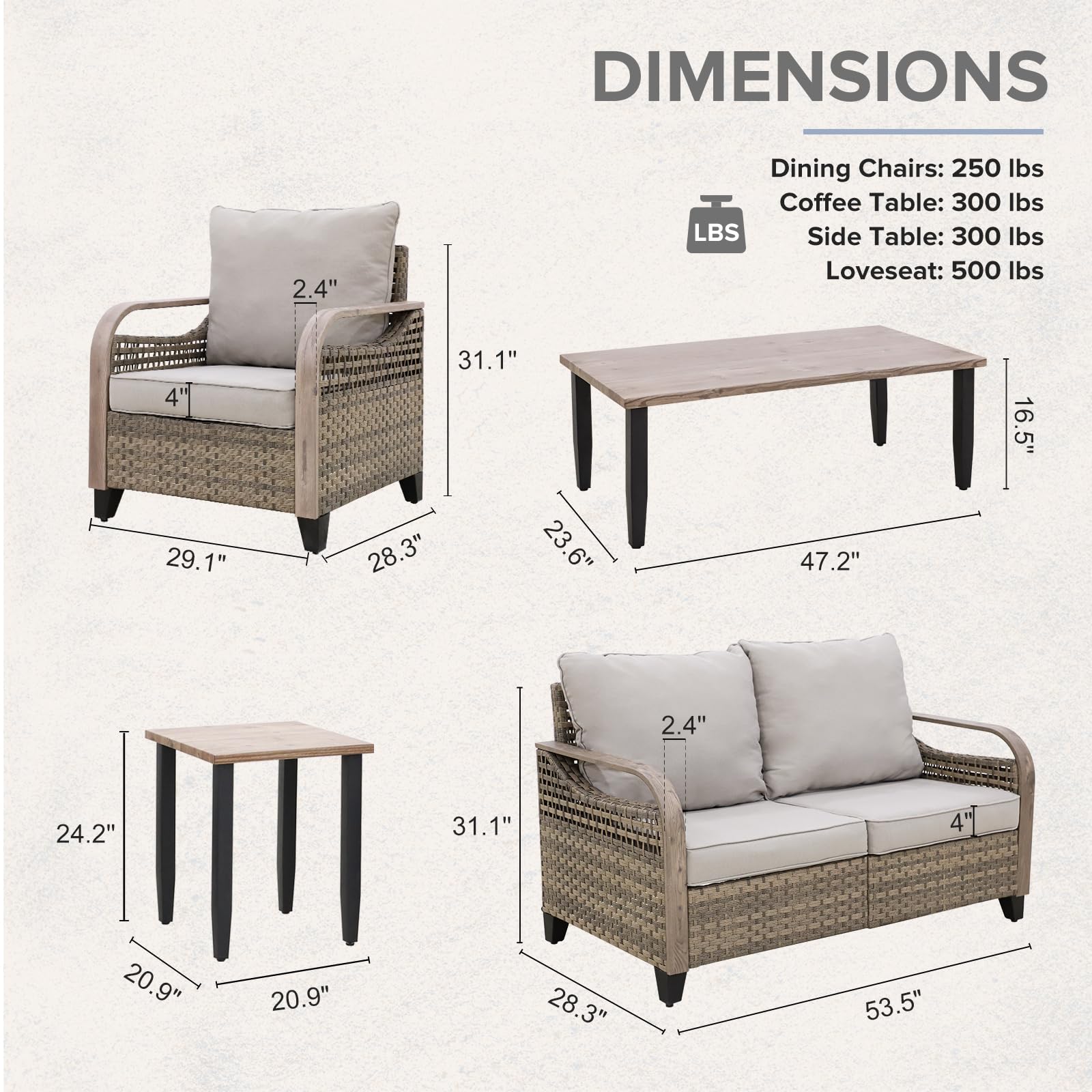 COOS BAY Modern Wicker Outdoor Furniture Set, 5 Piece Patio Conversation Set with 2 Patio Chairs, a Loveseat, Coffee Table and Side Table, 5 Piece, Brown/Gray - Image 5