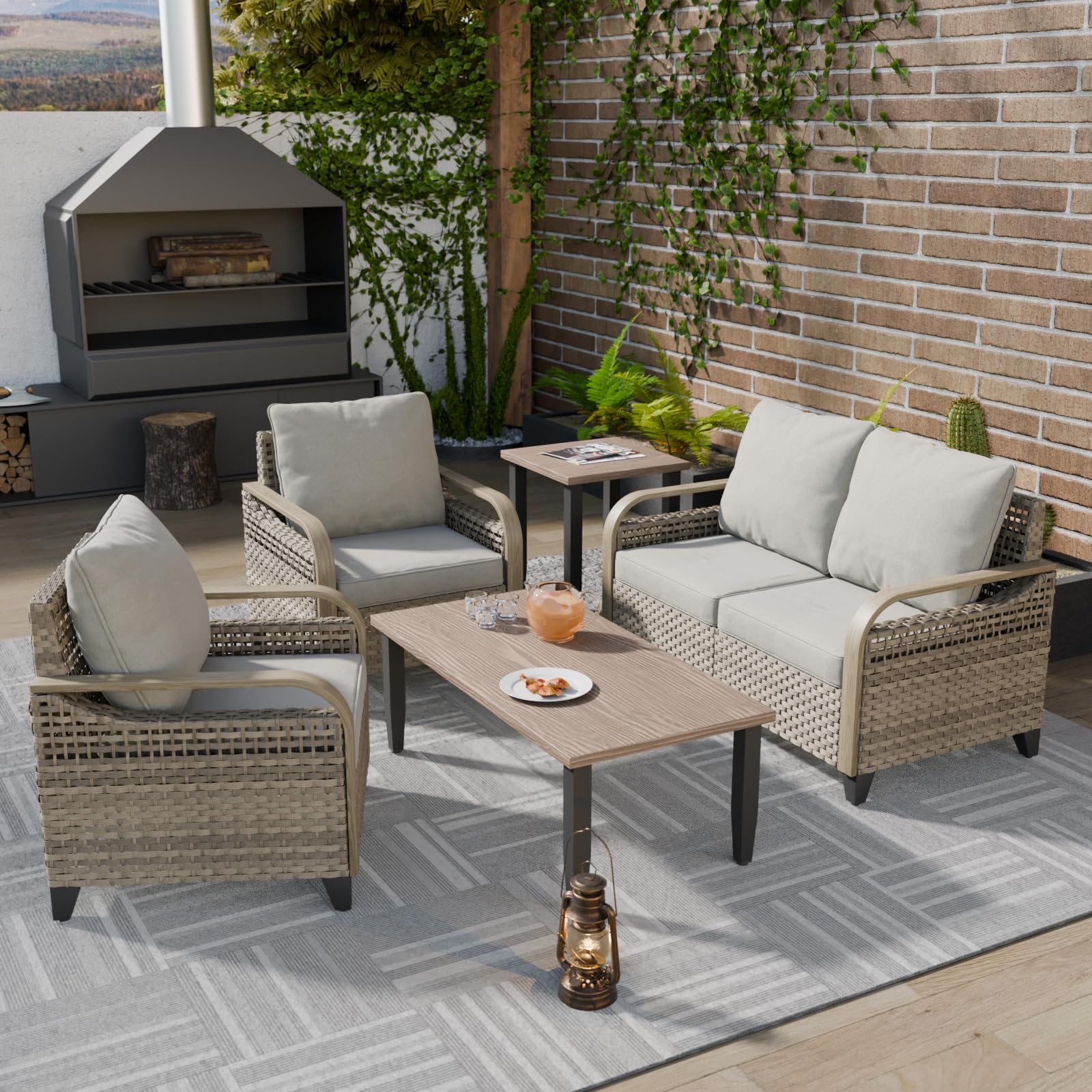 COOS BAY Modern Wicker Outdoor Furniture Set, 5 Piece Patio Conversation Set with 2 Patio Chairs, a Loveseat, Coffee Table and Side Table, 5 Piece, Brown/Gray - Image 6