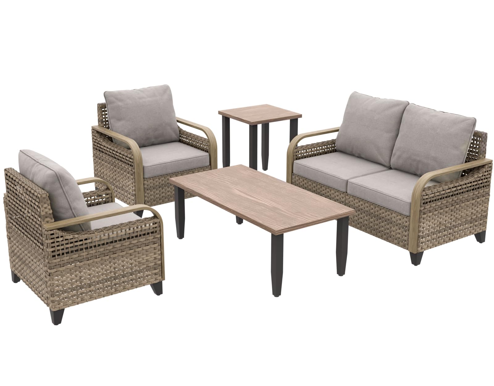 COOS BAY Modern Wicker Outdoor Furniture Set, 5 Piece Patio Conversation Set with 2 Patio Chairs, a Loveseat, Coffee Table and Side Table, 5 Piece, Brown/Gray - Image 9