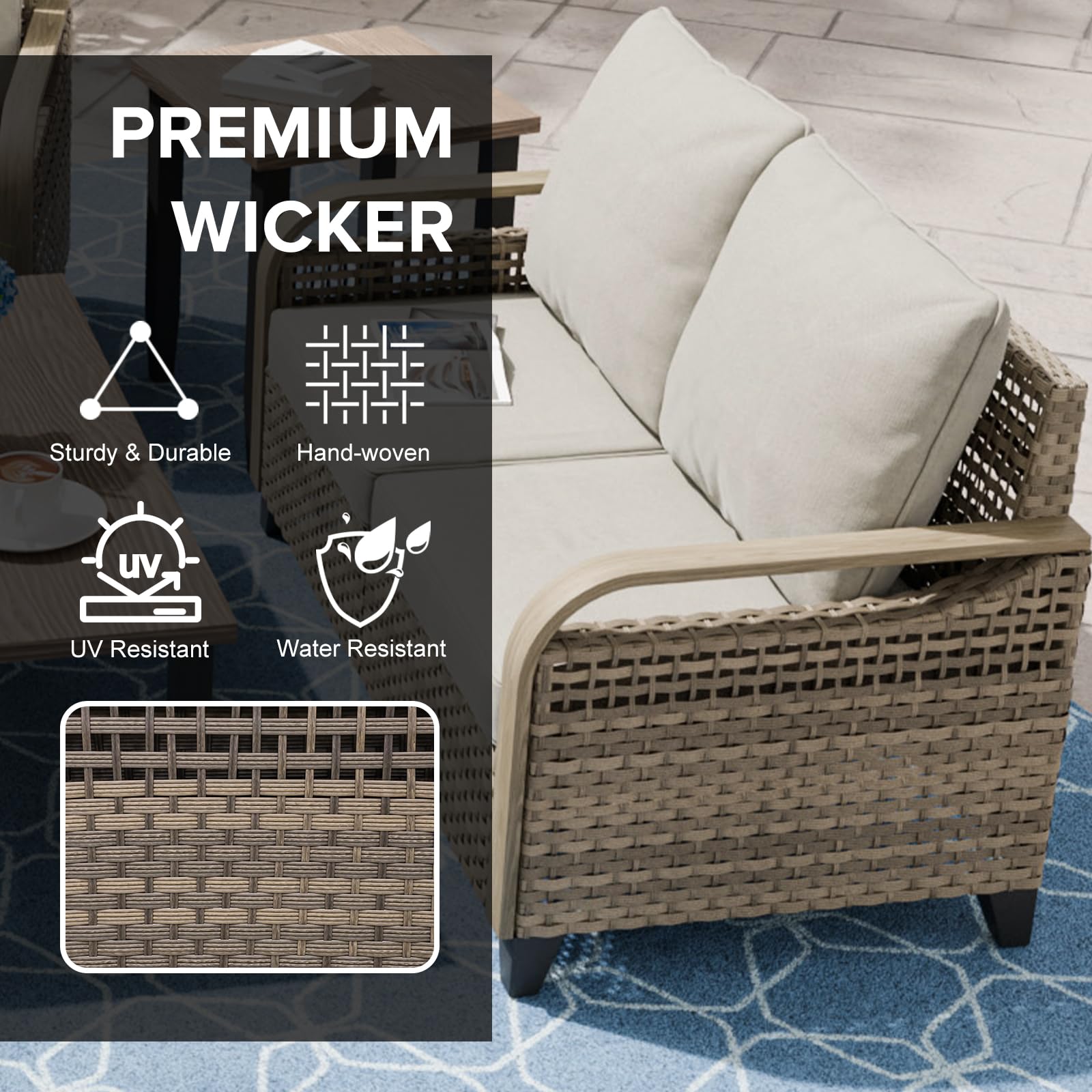 COOS BAY Modern Wicker Outdoor Sofa, 2 Seat Patio Loveseat with Cushions, Outdoor Furniture for Garden, Backyard, Deck, 500 lbs Capacity, Brown/Gray - Image 3