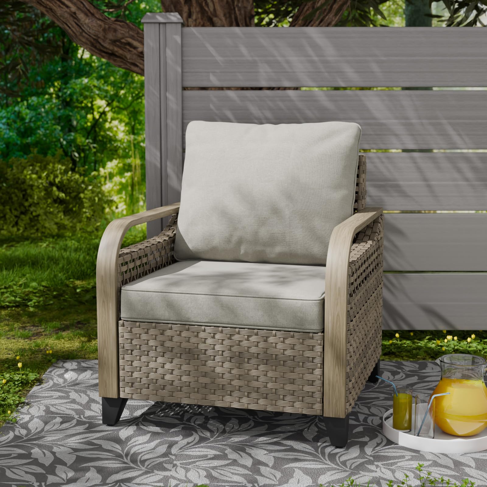 COOS BAY Modern Wicker Patio Chair with Cushions, Rattan Outdoor Armchair with Curved Armrests, PE Rattan Outdoor Seating, 250 lbs Capacity, 1 Piece, Brown/Gray - Image 5