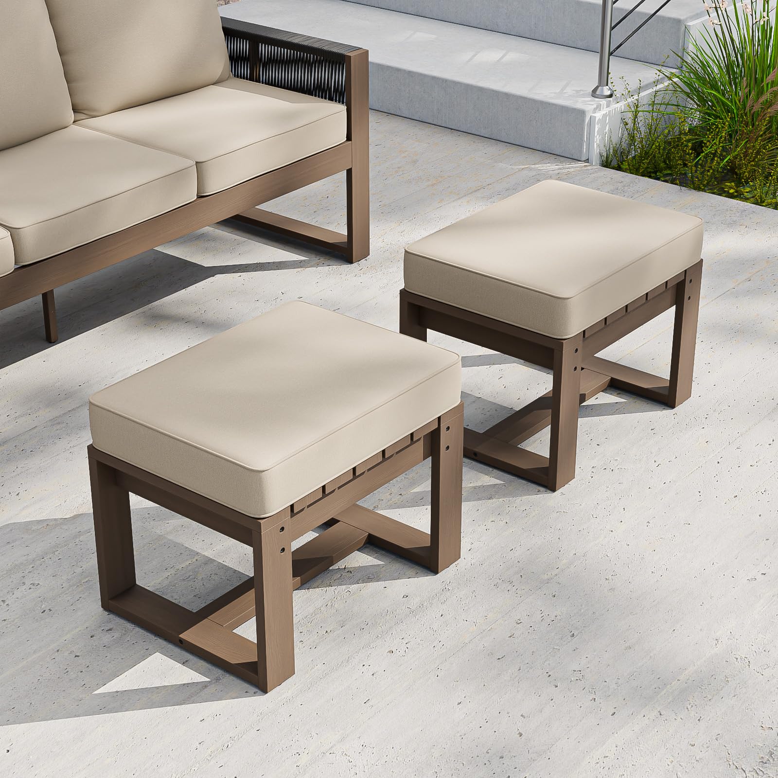 COOS BAY Natural Cedar Outdoor Patio Ottomans with Removable Cushions, Set of 2, Real Wood Footrests for Deck, Porch, Balcony, and Backyard, Brownish/Beige - Image 5