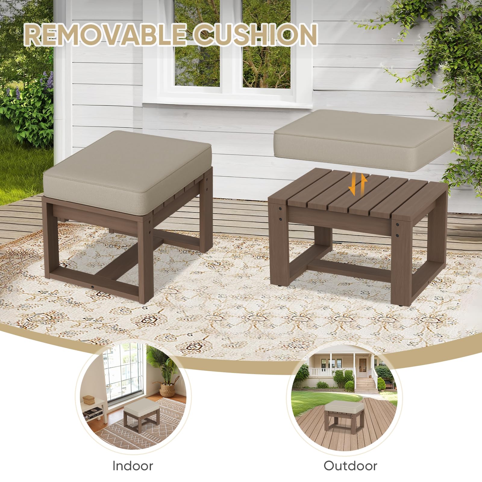 COOS BAY Natural Cedar Outdoor Patio Ottomans with Removable Cushions, Set of 2, Real Wood Footrests for Deck, Porch, Balcony, and Backyard, Brownish/Beige - Image 7