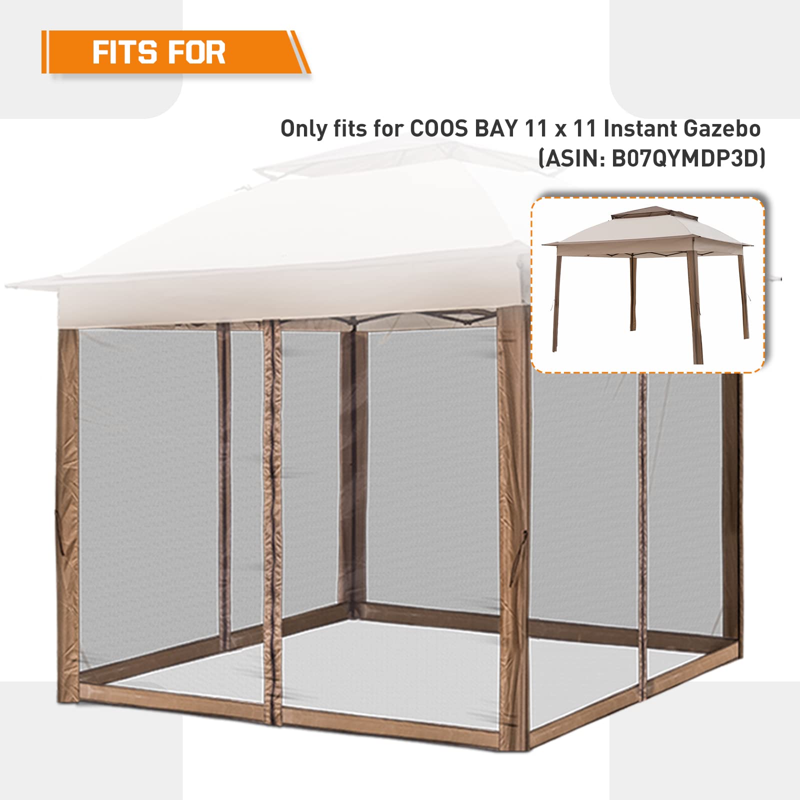 COOS BAY Replacement Mosquito Netting with Zippers, Mesh Screen Wall Panel for 10’ X 10’ Gazebo Tent, Beige (4 Sidewalls Only, Frame and Top NOT Included) - Image 3
