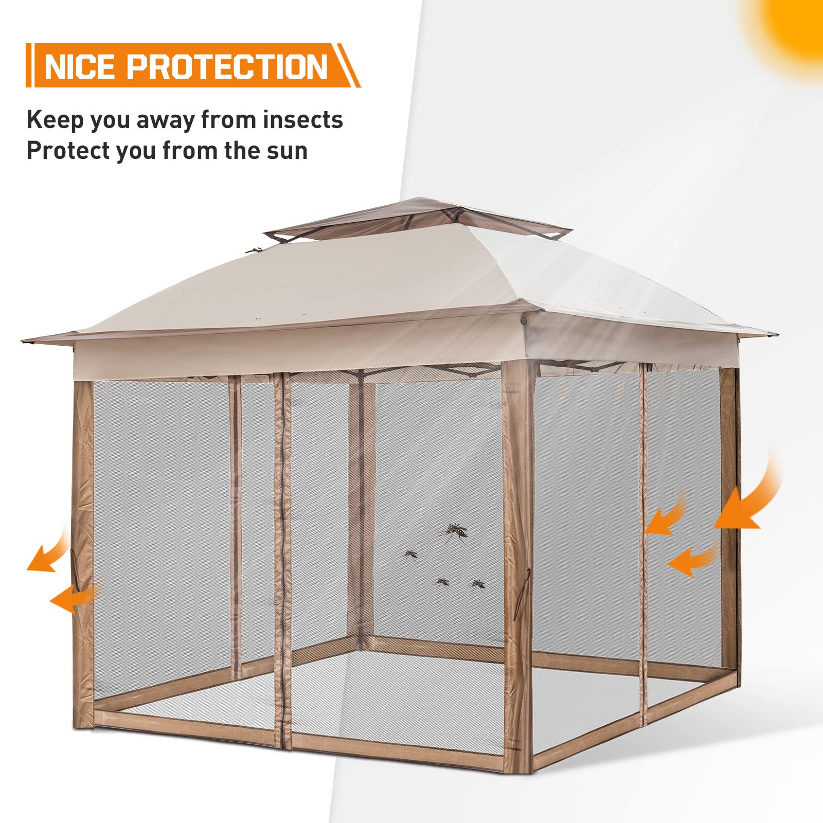 COOS BAY Replacement Mosquito Netting with Zippers, Mesh Screen Wall Panel for 10’ X 10’ Gazebo Tent, Beige (4 Sidewalls Only, Frame and Top NOT Included) - Image 7