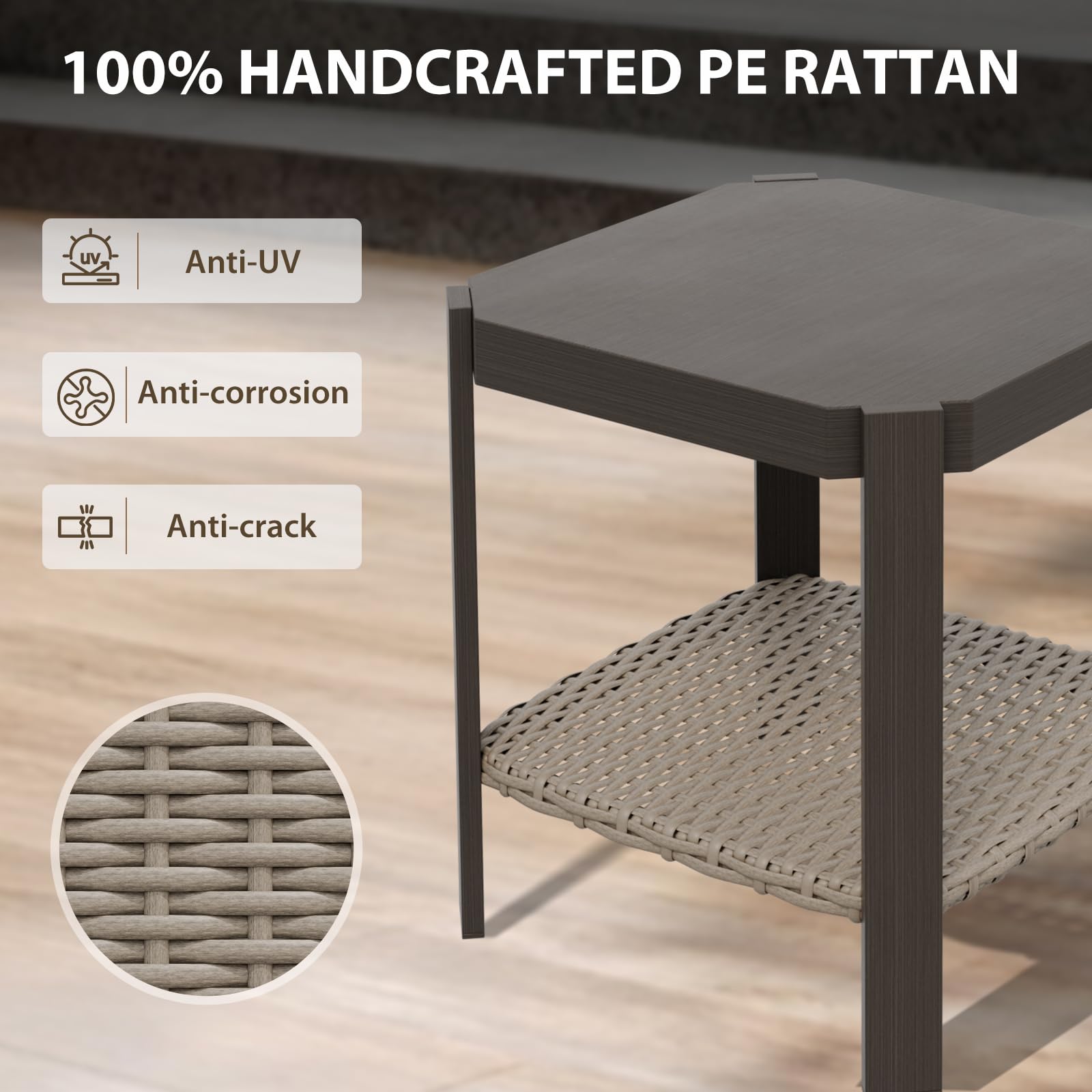 COOS BAY Rustic Hideaway Outdoor Patio Side Table, Wicker Patio Coffee Table with 2-Tier Storage, Wood Grain Top, Beige/Brown - Image 3