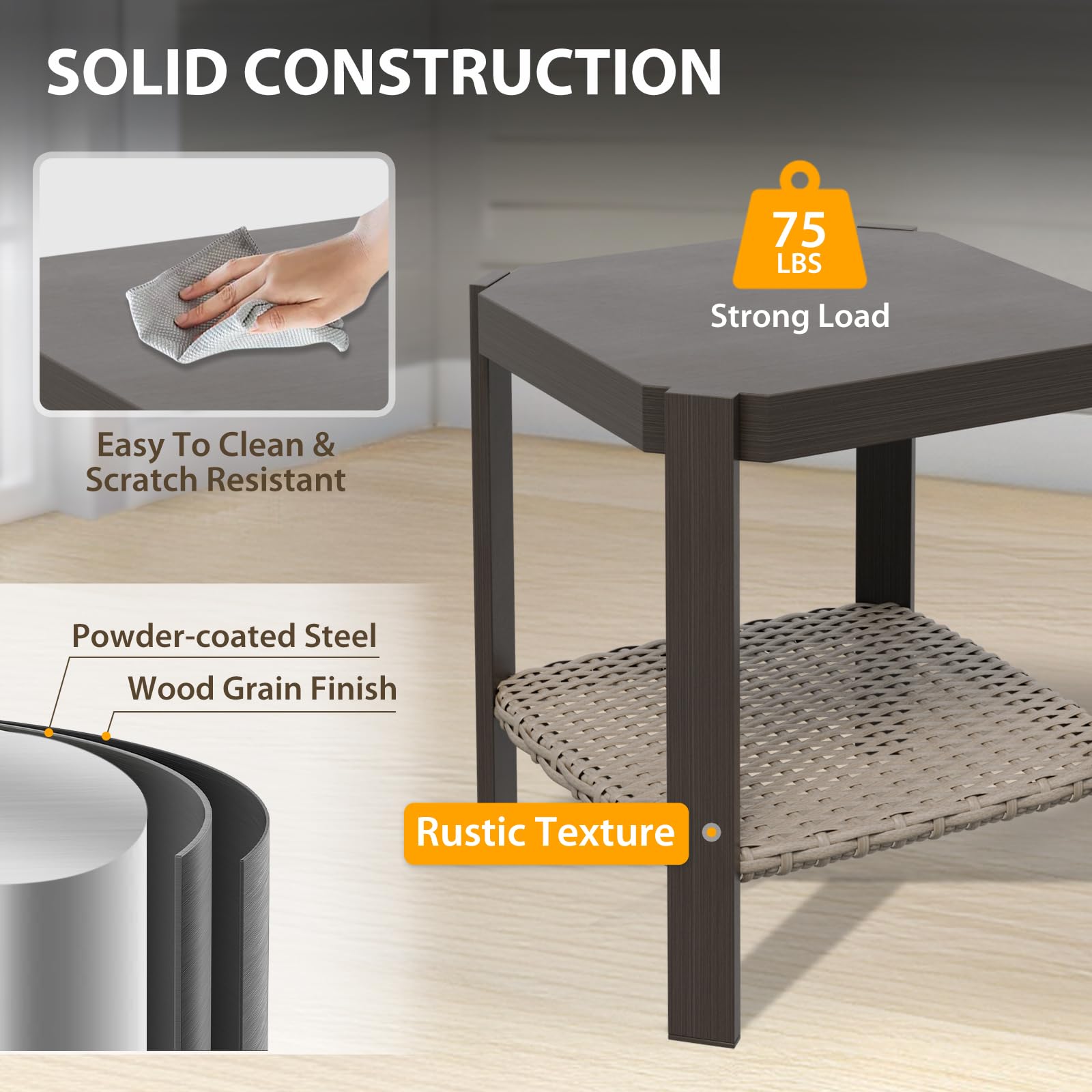 COOS BAY Rustic Hideaway Outdoor Patio Side Table, Wicker Patio Coffee Table with 2-Tier Storage, Wood Grain Top, Beige/Brown - Image 4