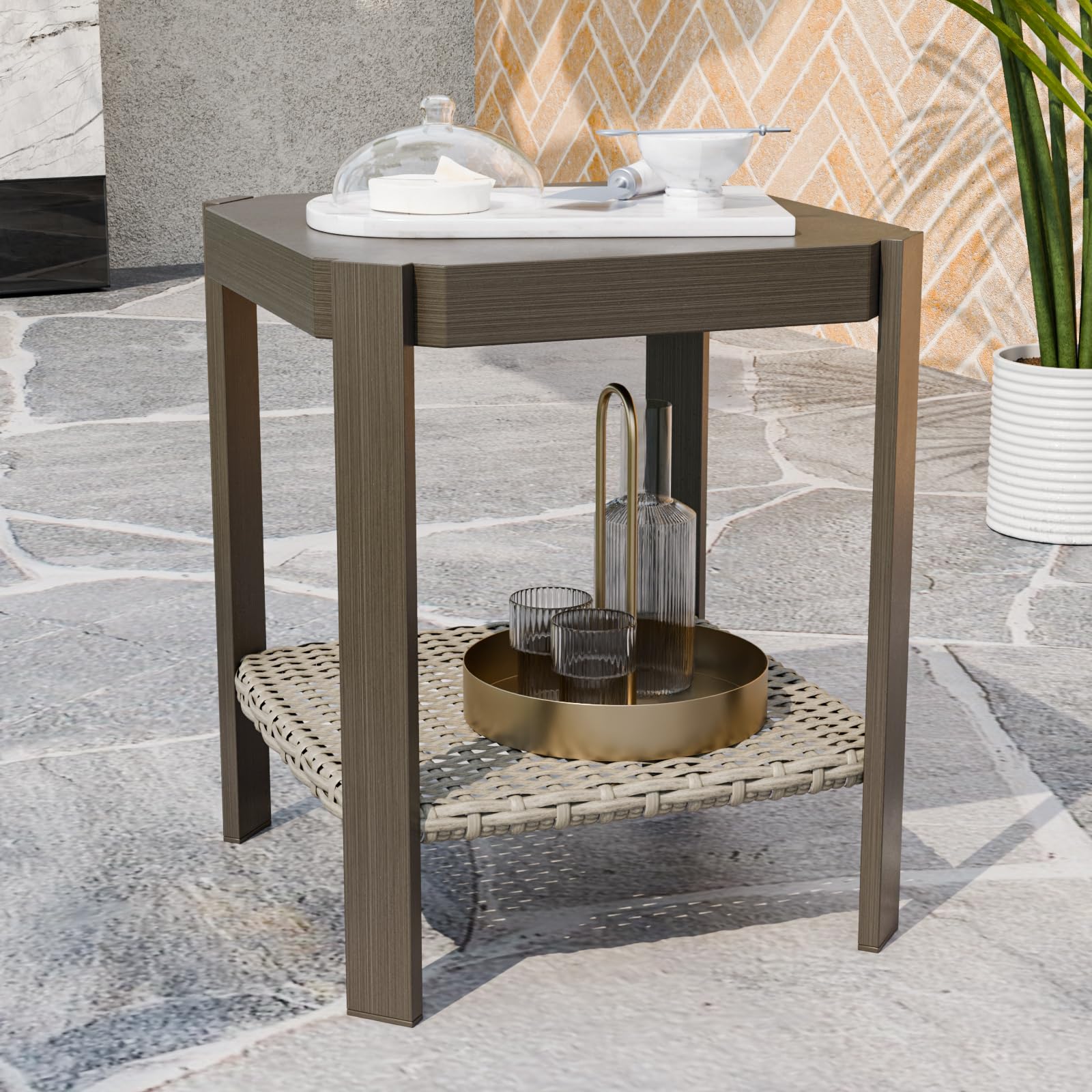 COOS BAY Rustic Hideaway Outdoor Patio Side Table, Wicker Patio Coffee Table with 2-Tier Storage, Wood Grain Top, Beige/Brown - Image 5