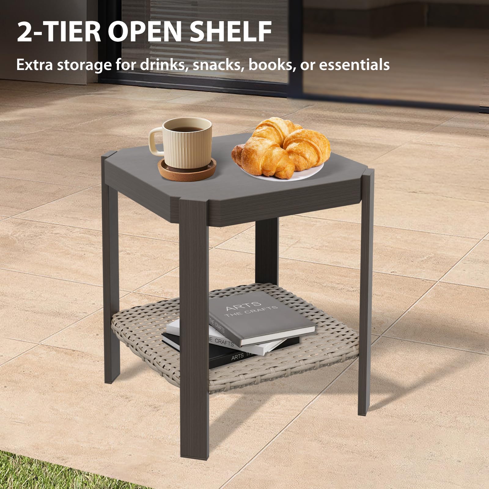 COOS BAY Rustic Hideaway Outdoor Patio Side Table, Wicker Patio Coffee Table with 2-Tier Storage, Wood Grain Top, Beige/Brown - Image 6