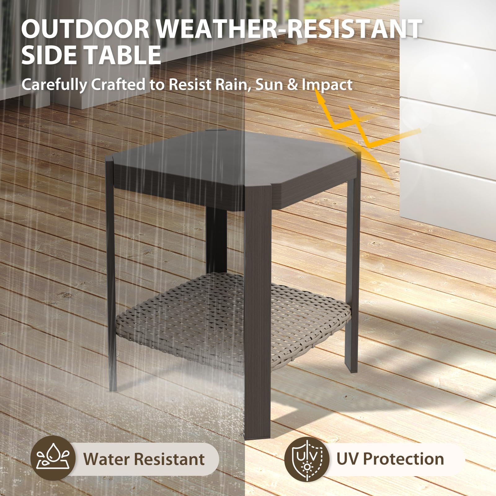 COOS BAY Rustic Hideaway Outdoor Patio Side Table, Wicker Patio Coffee Table with 2-Tier Storage, Wood Grain Top, Beige/Brown - Image 7