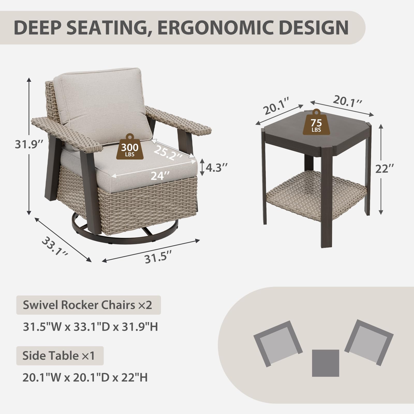 COOS BAY Rustic Hideaway Outdoor Swivel Rocker Patio Chairs and Table Set, 3-Piece Wicker Patio Bistro Set, Outdoor Furniture, 2 Swivel Chairs & Side Table, Beige/Beige - Image 3