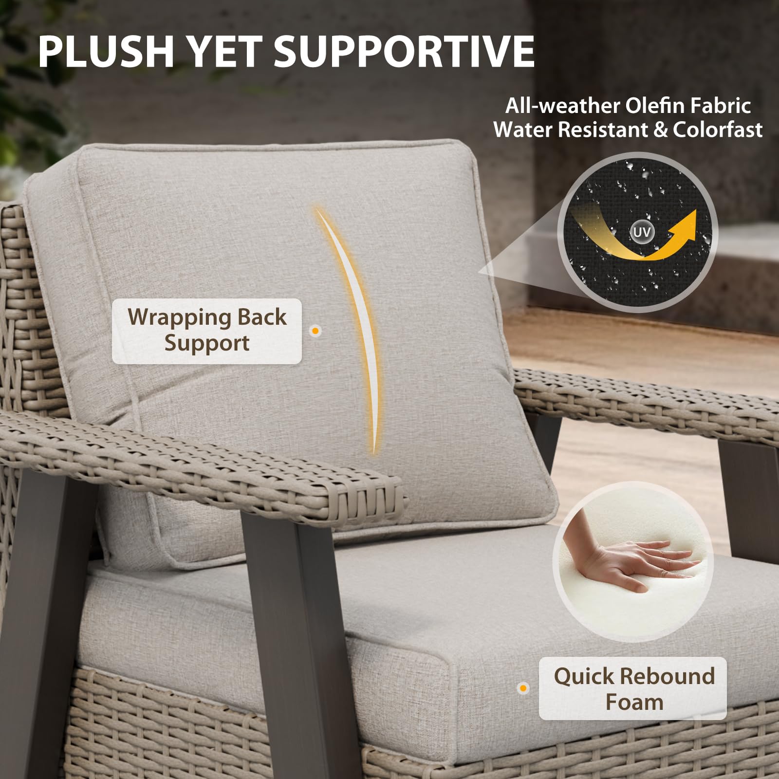 COOS BAY Rustic Hideaway Outdoor Swivel Rocker Patio Chairs and Table Set, 3-Piece Wicker Patio Bistro Set, Outdoor Furniture, 2 Swivel Chairs & Side Table, Beige/Beige - Image 4