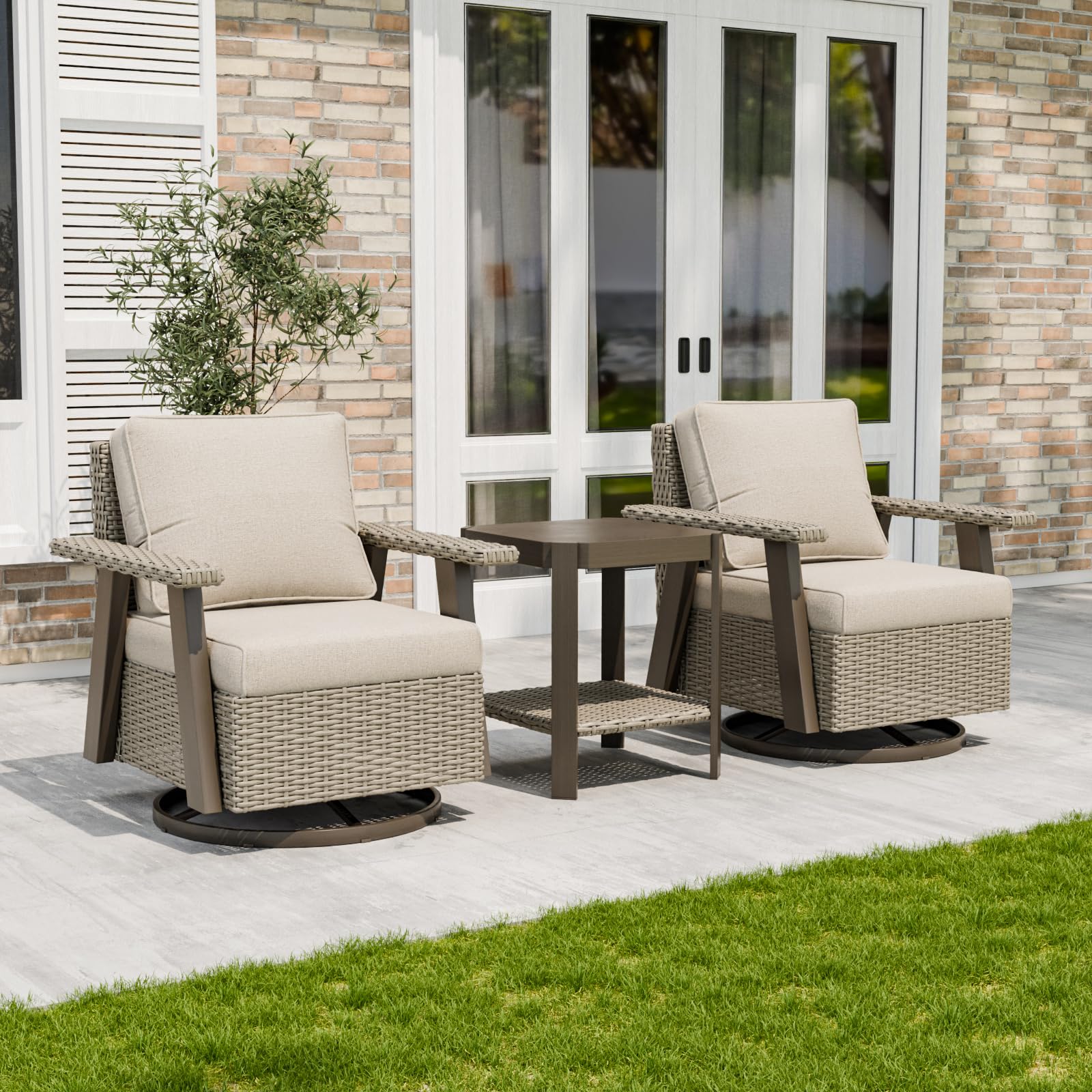 COOS BAY Rustic Hideaway Outdoor Swivel Rocker Patio Chairs and Table Set, 3-Piece Wicker Patio Bistro Set, Outdoor Furniture, 2 Swivel Chairs & Side Table, Beige/Beige - Image 5