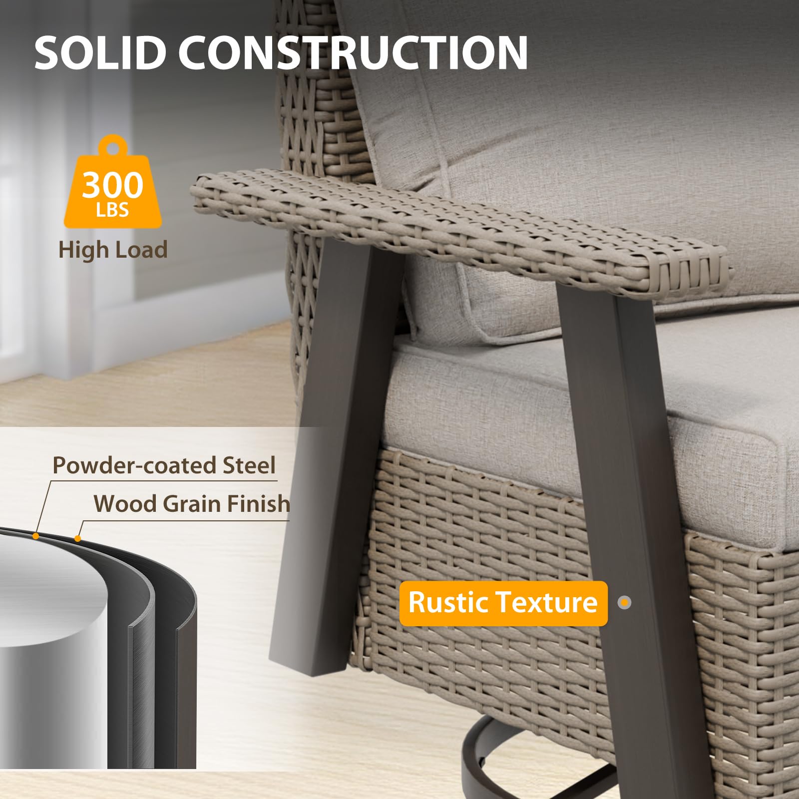 COOS BAY Rustic Hideaway Outdoor Swivel Rocker Patio Chairs and Table Set, 3-Piece Wicker Patio Bistro Set, Outdoor Furniture, 2 Swivel Chairs & Side Table, Beige/Beige - Image 6