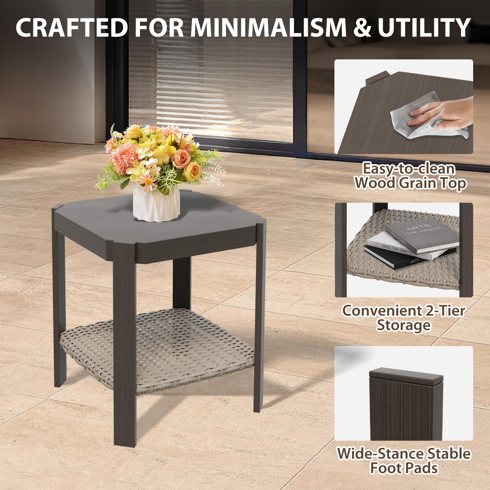 COOS BAY Rustic Hideaway Outdoor Swivel Rocker Patio Chairs and Table Set, 3-Piece Wicker Patio Bistro Set, Outdoor Furniture, 2 Swivel Chairs & Side Table, Beige/Beige - Image 8