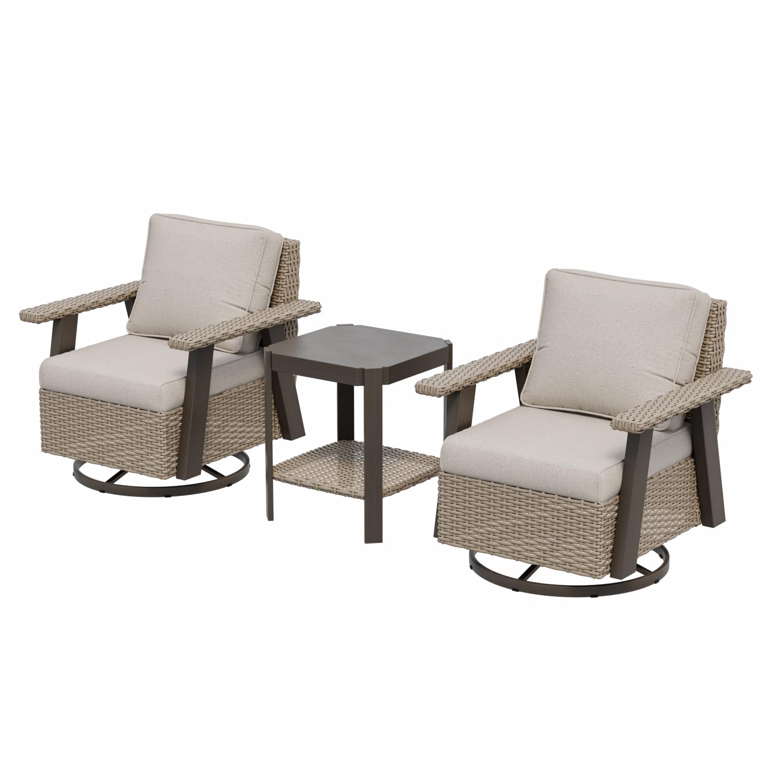 COOS BAY Rustic Hideaway Outdoor Swivel Rocker Patio Chairs and Table Set, 3-Piece Wicker Patio Bistro Set, Outdoor Furniture, 2 Swivel Chairs & Side Table, Beige/Beige - Image 9