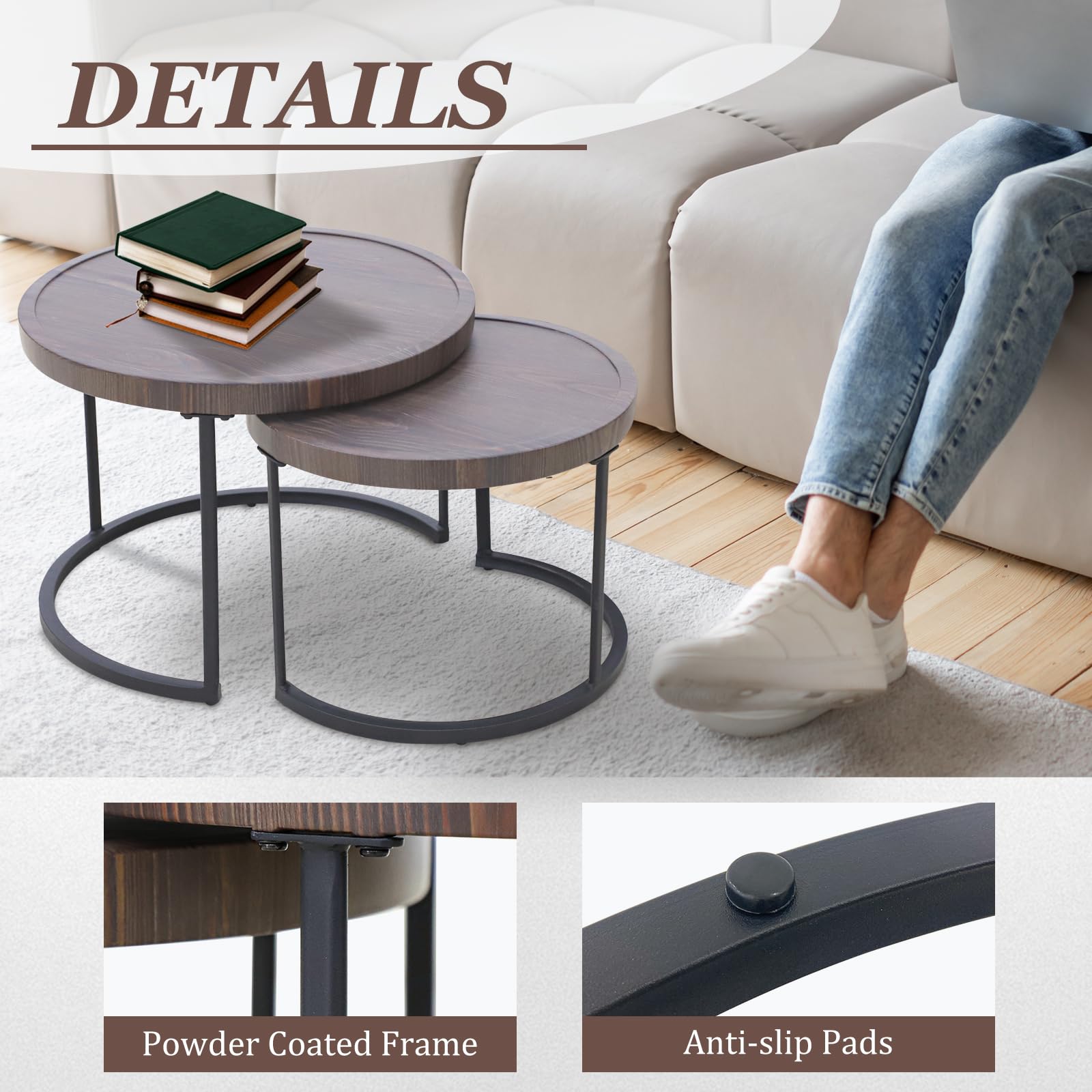 COOS BAY Sand Dune Modern Nesting Coffee Table Set of 2, Round Patio Wood Grain Side Tables, Outdoor Small End Tables, Brown - Image 3