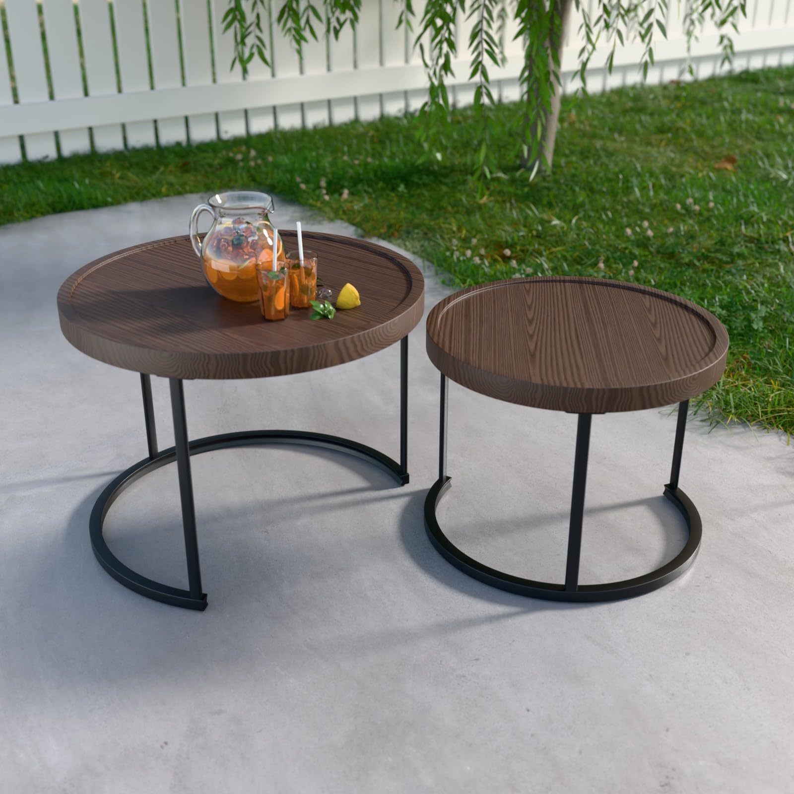 COOS BAY Sand Dune Modern Nesting Coffee Table Set of 2, Round Patio Wood Grain Side Tables, Outdoor Small End Tables, Brown - Image 5
