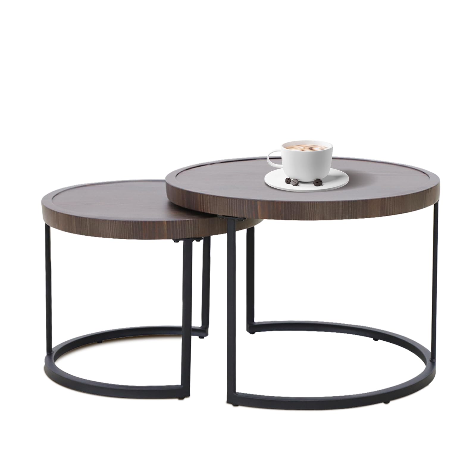 COOS BAY Sand Dune Modern Nesting Coffee Table Set of 2, Round Patio Wood Grain Side Tables, Outdoor Small End Tables, Brown - Image 8