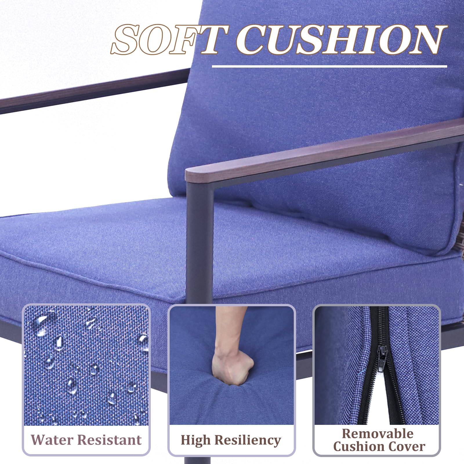 COOS BAY Sand Dune Modern Rattan Accent Chair, Outdoor Patio Dining Armchair, Single Sofa Chair, 2 Pieces, Brown/Blue - Image 3