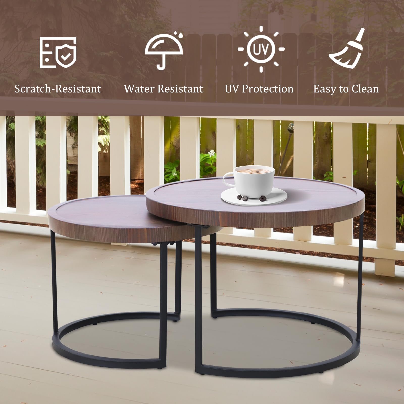 COOS BAY Sand Dune Nesting Tables with Ottoman, Round Wood Grain Coffee Table Set, Outdoor Patio Side Tables, Wicker Furniture Set of 3, Brown/Blue - Image 7