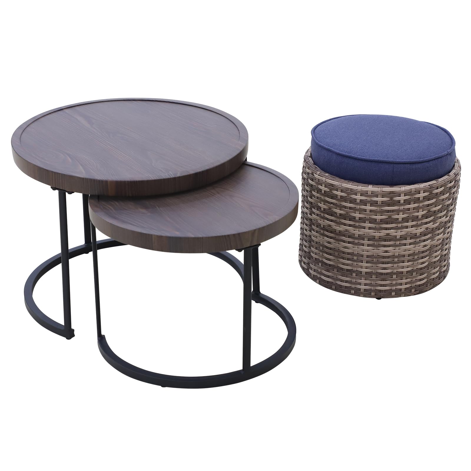 COOS BAY Sand Dune Nesting Tables with Ottoman, Round Wood Grain Coffee Table Set, Outdoor Patio Side Tables, Wicker Furniture Set of 3, Brown/Blue - Image 8