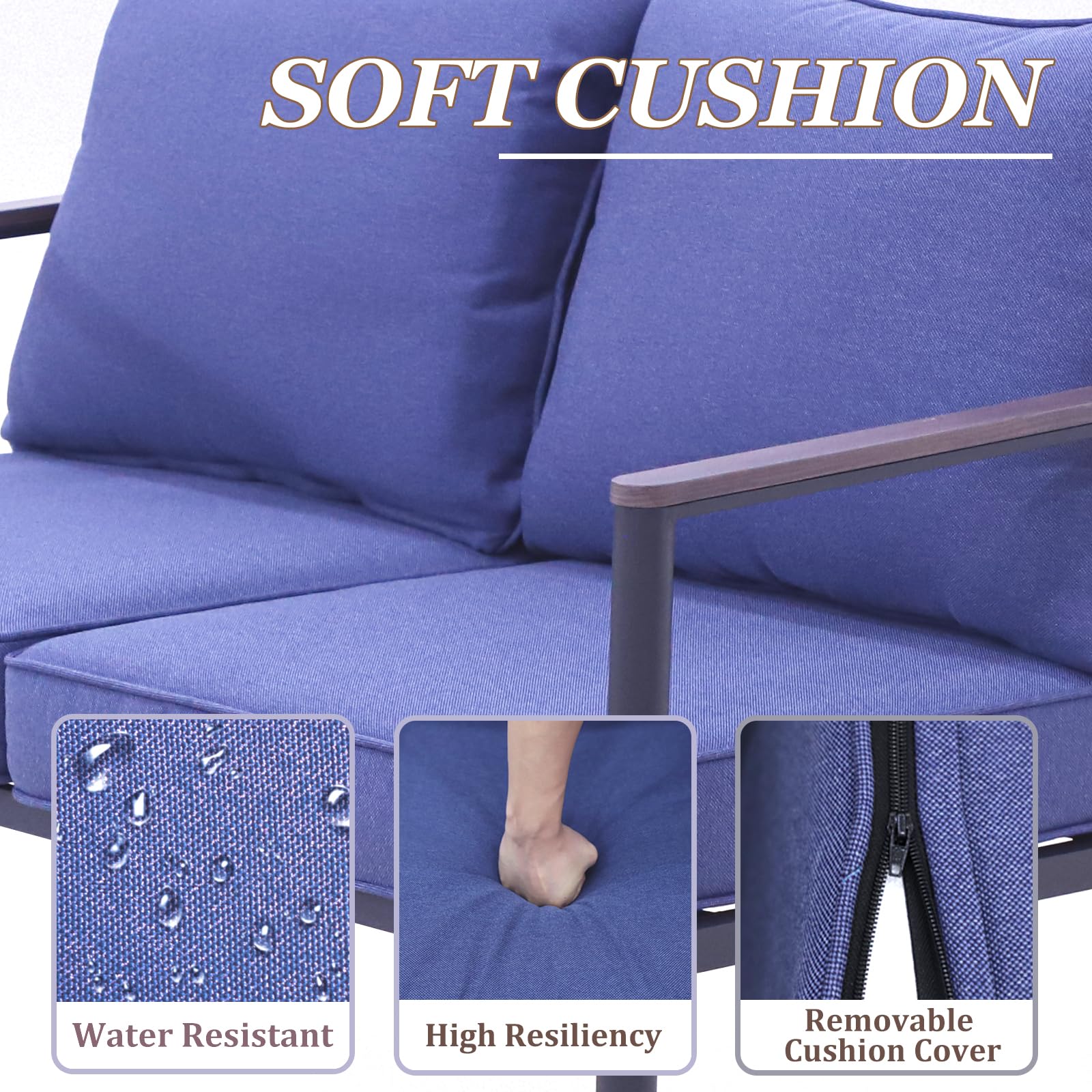 COOS BAY Sand Dune Outdoor Patio Sofa, Rattan Loveseat, Wicker Furniture, Small Balcony Furniture for Garden, Deck, Porch and Backyard, Brown/Blue - Image 3