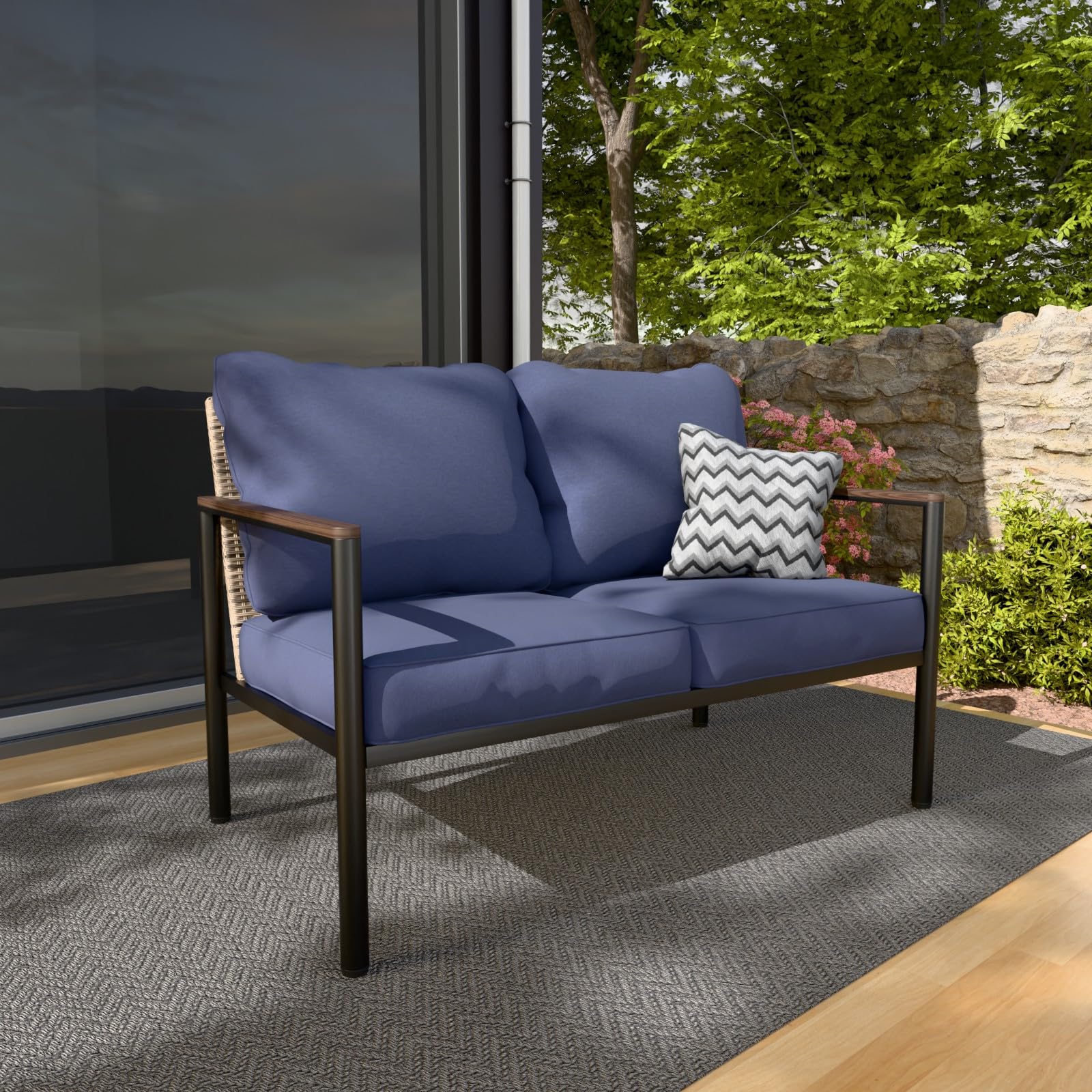 COOS BAY Sand Dune Outdoor Patio Sofa, Rattan Loveseat, Wicker Furniture, Small Balcony Furniture for Garden, Deck, Porch and Backyard, Brown/Blue - Image 6