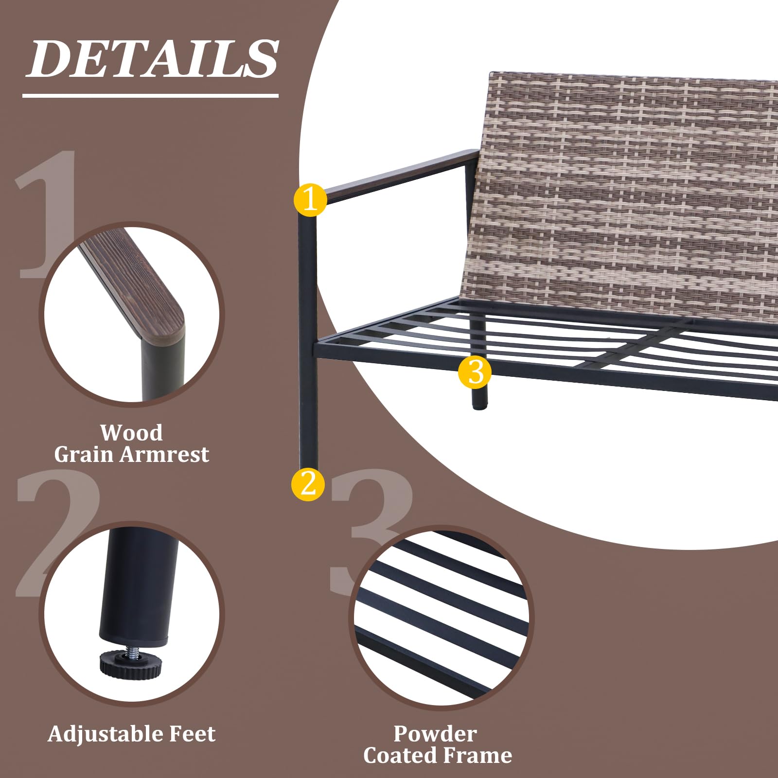 COOS BAY Sand Dune Outdoor Patio Sofa, Rattan Loveseat, Wicker Furniture, Small Balcony Furniture for Garden, Deck, Porch and Backyard, Brown/Blue - Image 7