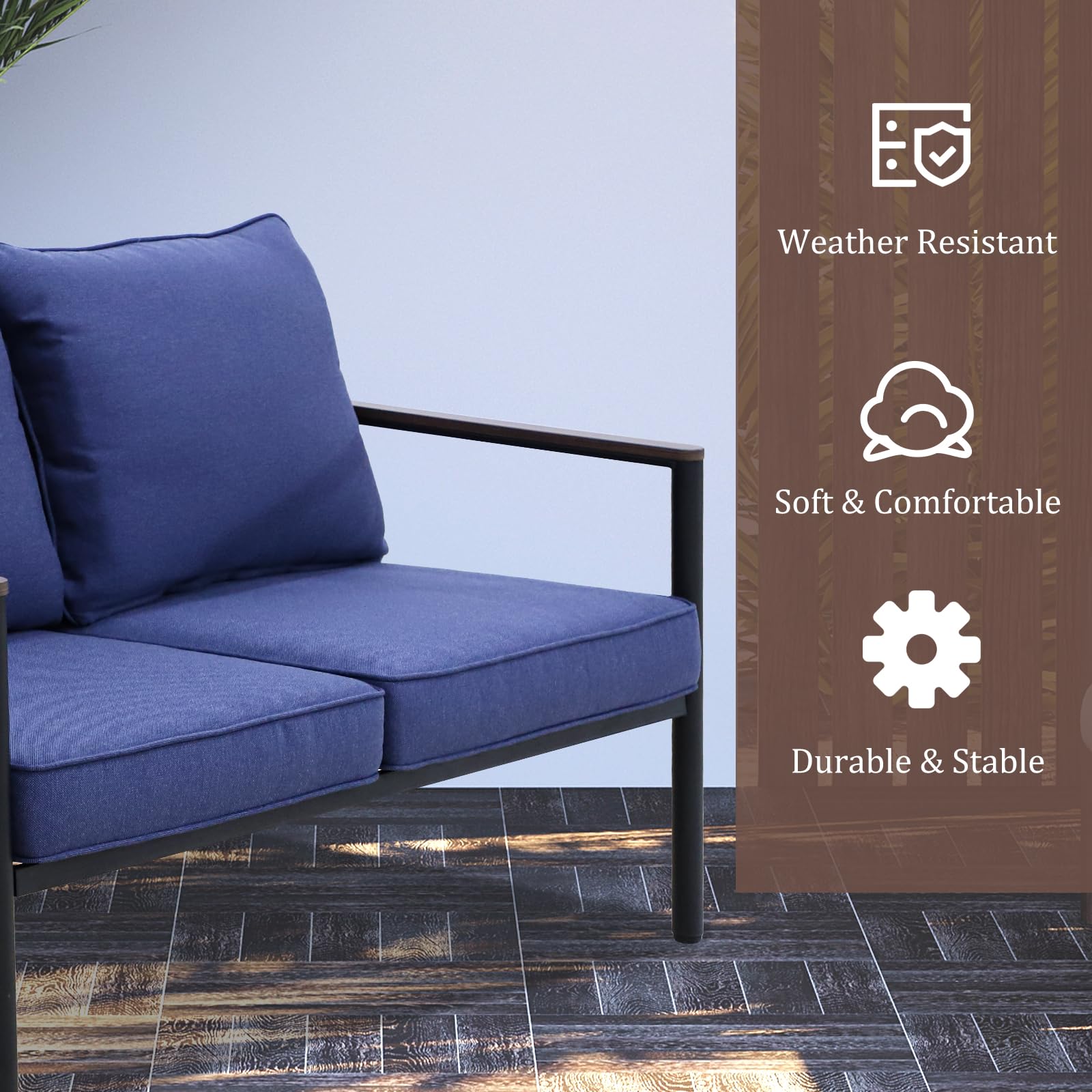 COOS BAY Sand Dune Outdoor Patio Sofa, Rattan Loveseat, Wicker Furniture, Small Balcony Furniture for Garden, Deck, Porch and Backyard, Brown/Blue - Image 8