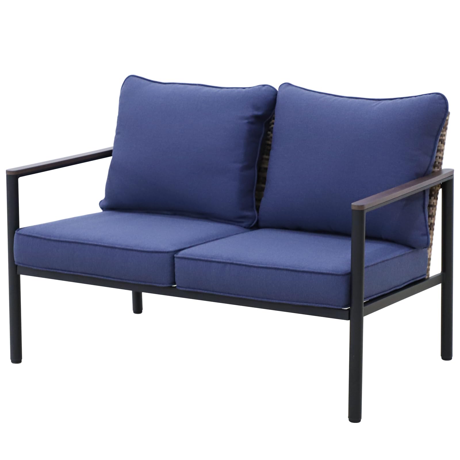 COOS BAY Sand Dune Outdoor Patio Sofa, Rattan Loveseat, Wicker Furniture, Small Balcony Furniture for Garden, Deck, Porch and Backyard, Brown/Blue - Image 9