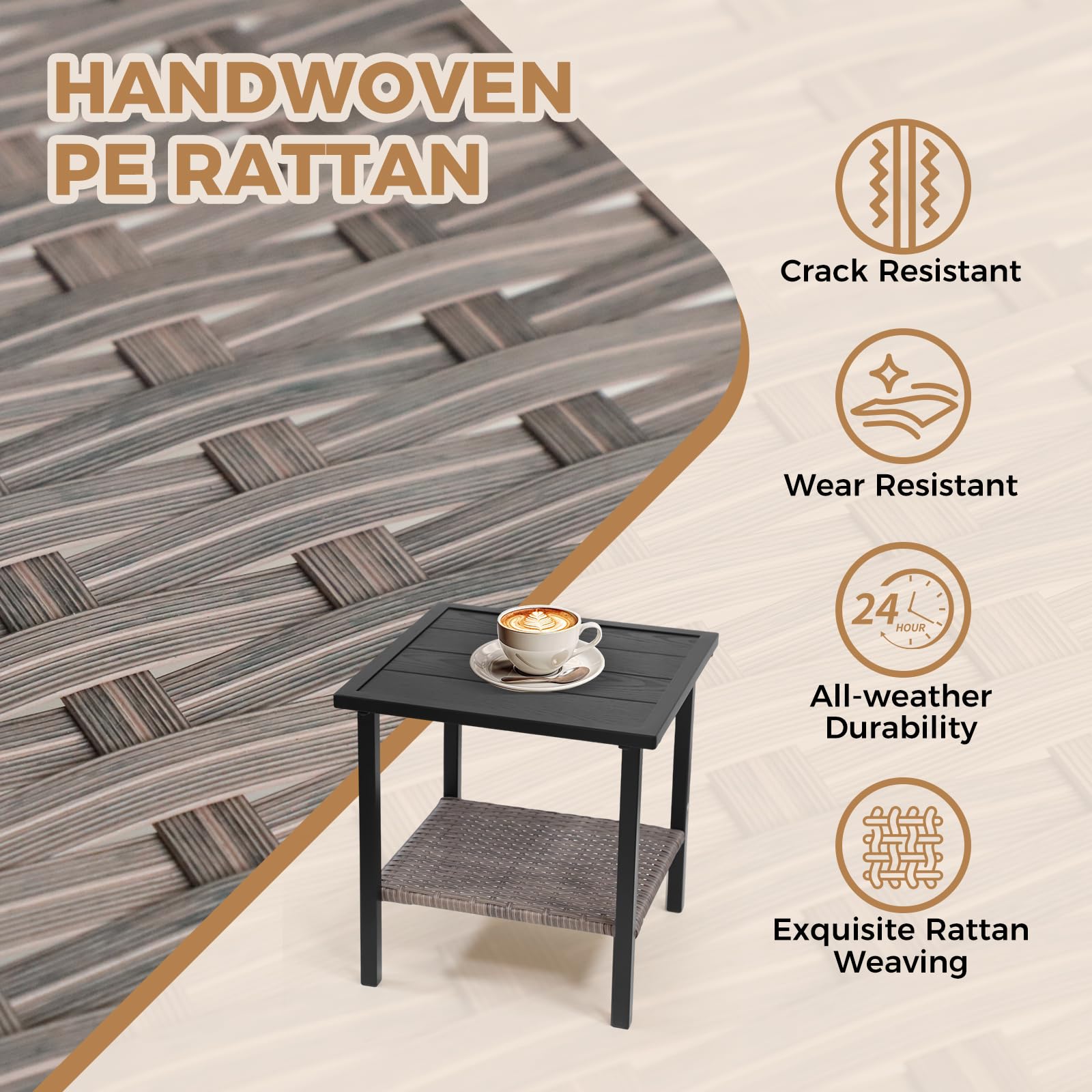 COOS BAY Sunset Haven Outdoor Patio Side Table, Square Outdoor Coffee Table with Double-Tier Storage, Wicker Patio End Table, 18.1"x18.1"x18.5", Brown - Image 4