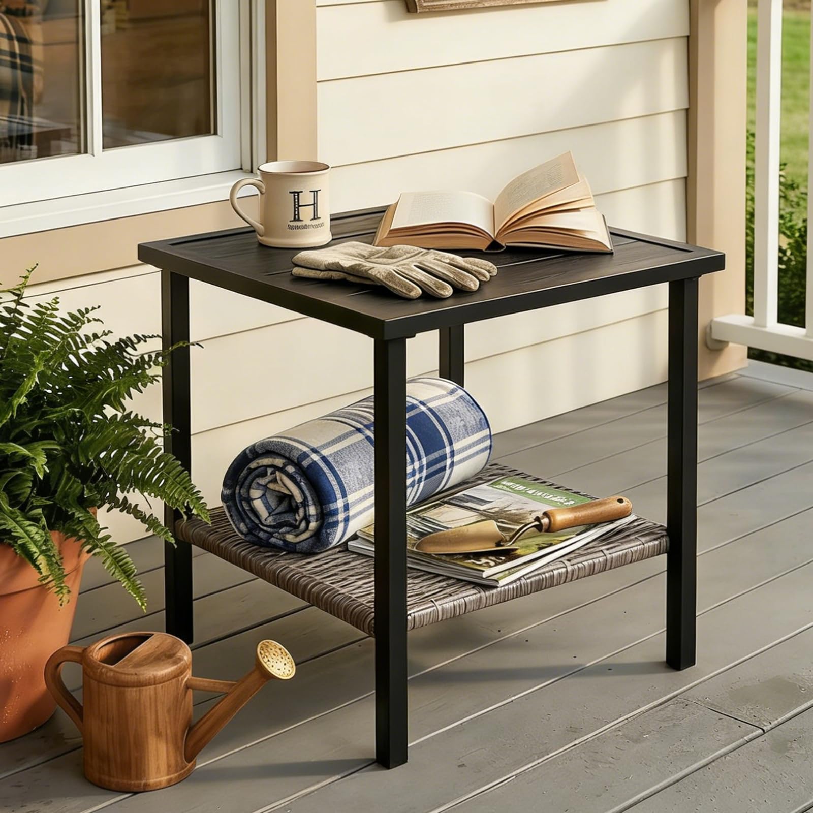 COOS BAY Sunset Haven Outdoor Patio Side Table, Square Outdoor Coffee Table with Double-Tier Storage, Wicker Patio End Table, 18.1"x18.1"x18.5", Brown - Image 5