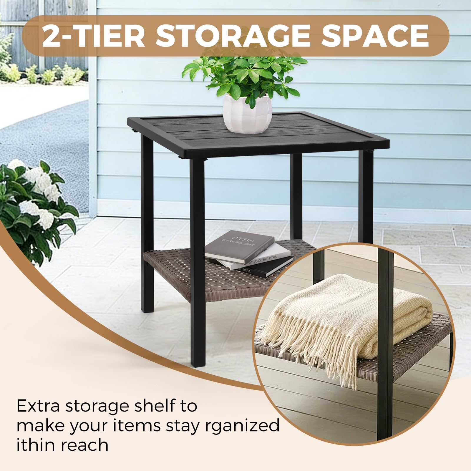 COOS BAY Sunset Haven Outdoor Patio Side Table, Square Outdoor Coffee Table with Double-Tier Storage, Wicker Patio End Table, 18.1"x18.1"x18.5", Brown - Image 6